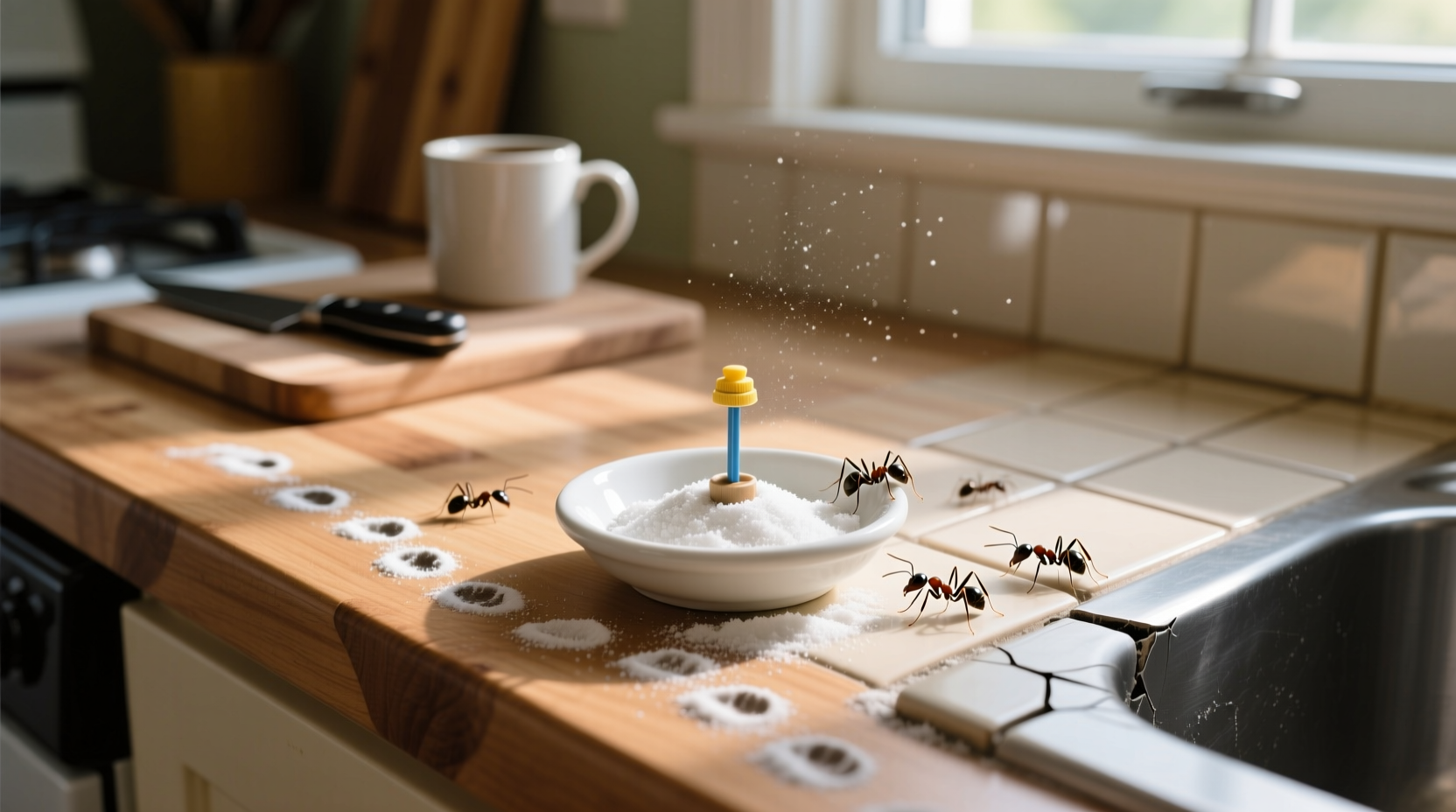 Borax ant trap setup on kitchen counter