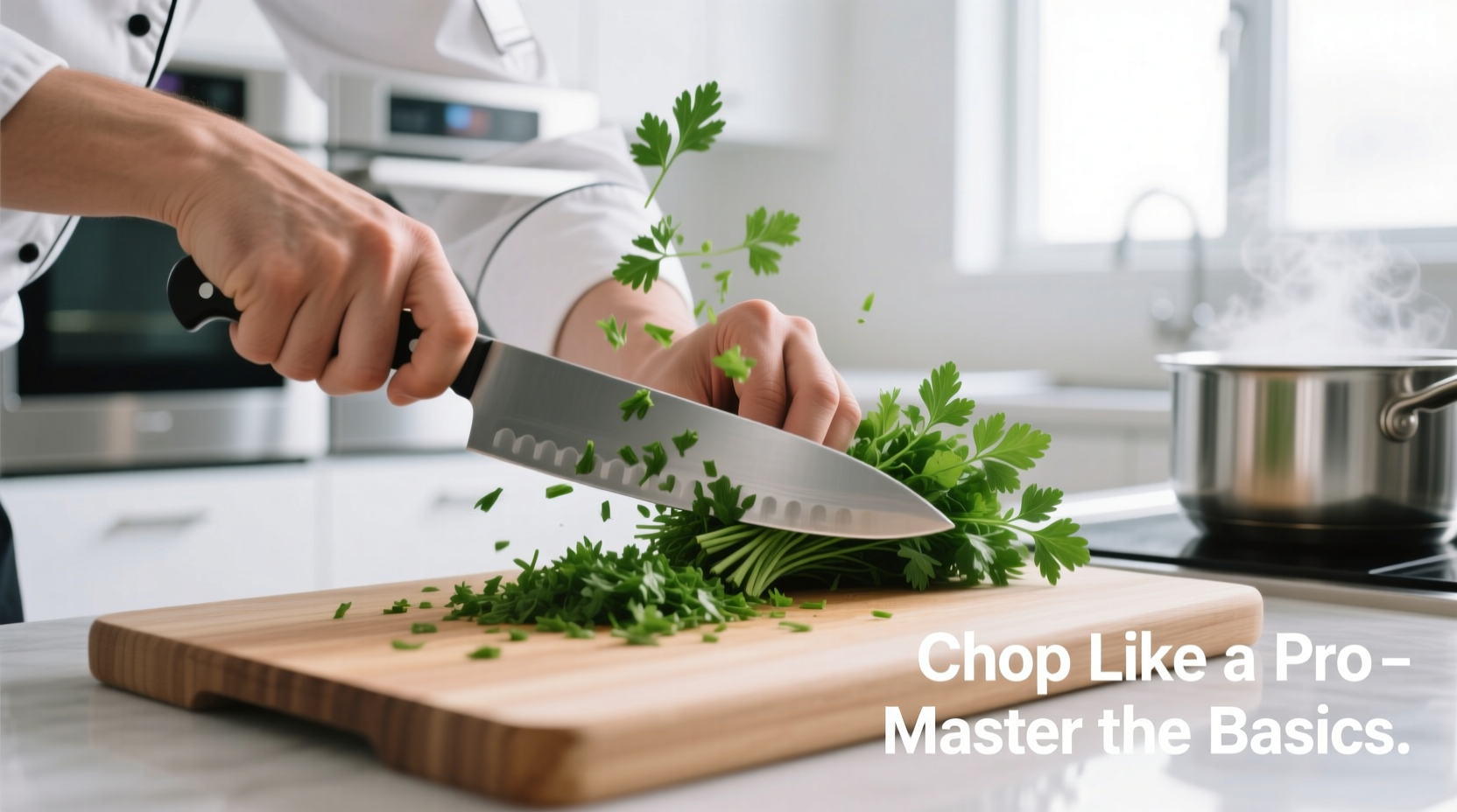 Professional chef demonstrating parsley chopping technique with chef's knife