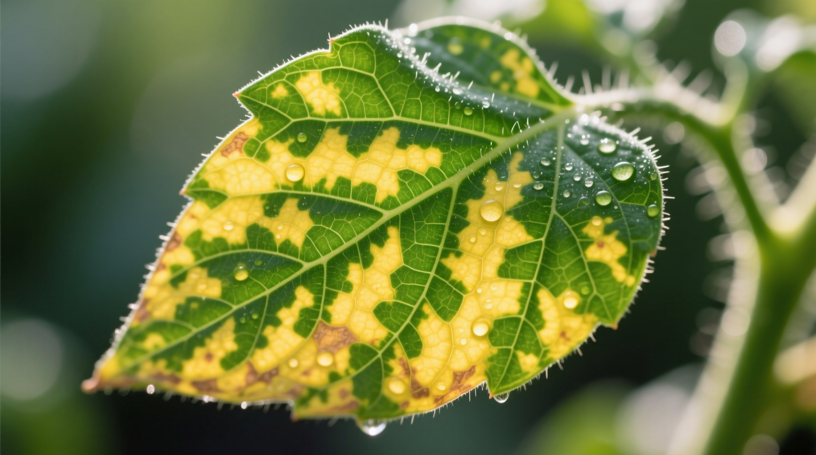 Close-up of tomato leaf showing yellowing between green veins