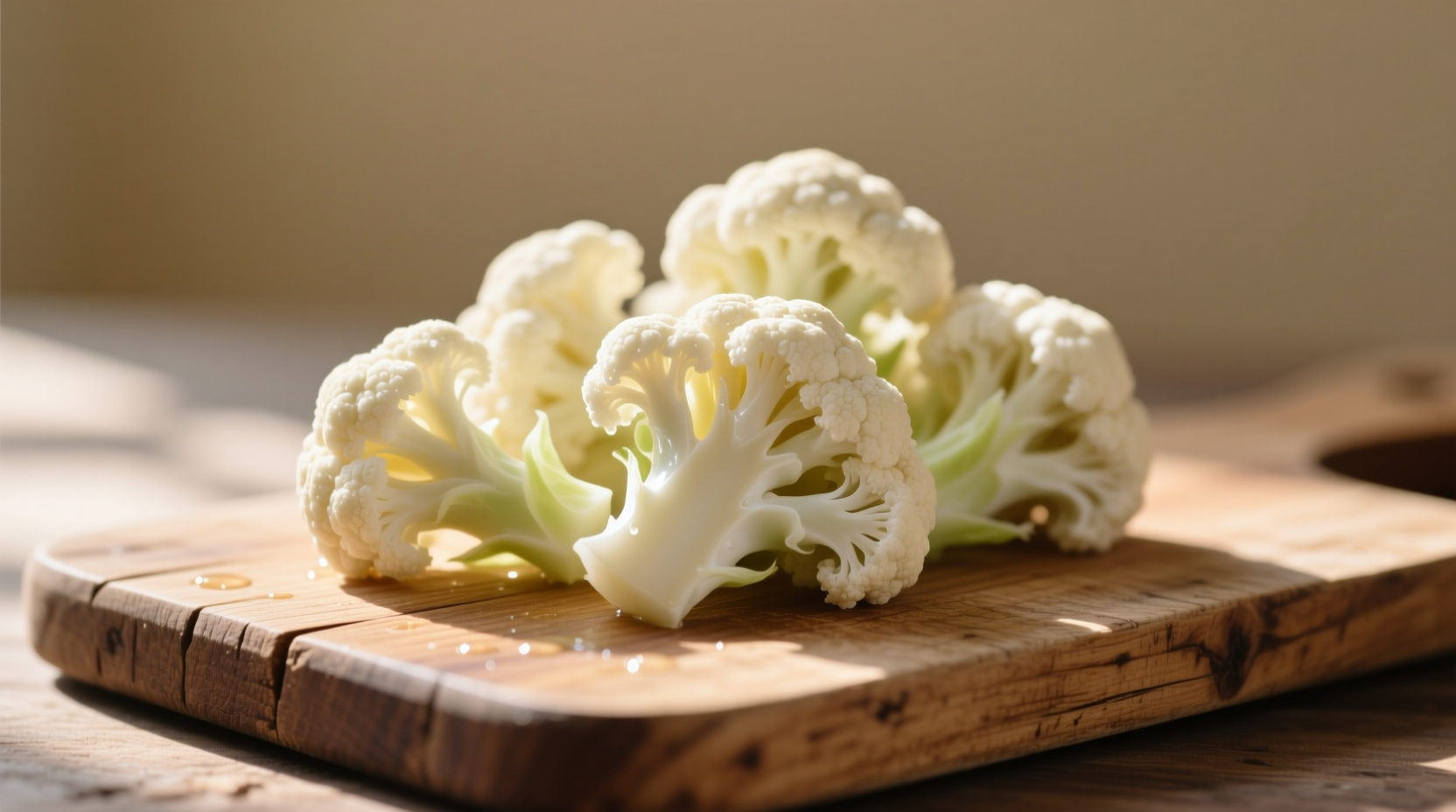 Fresh cauliflower florets on wooden cutting board