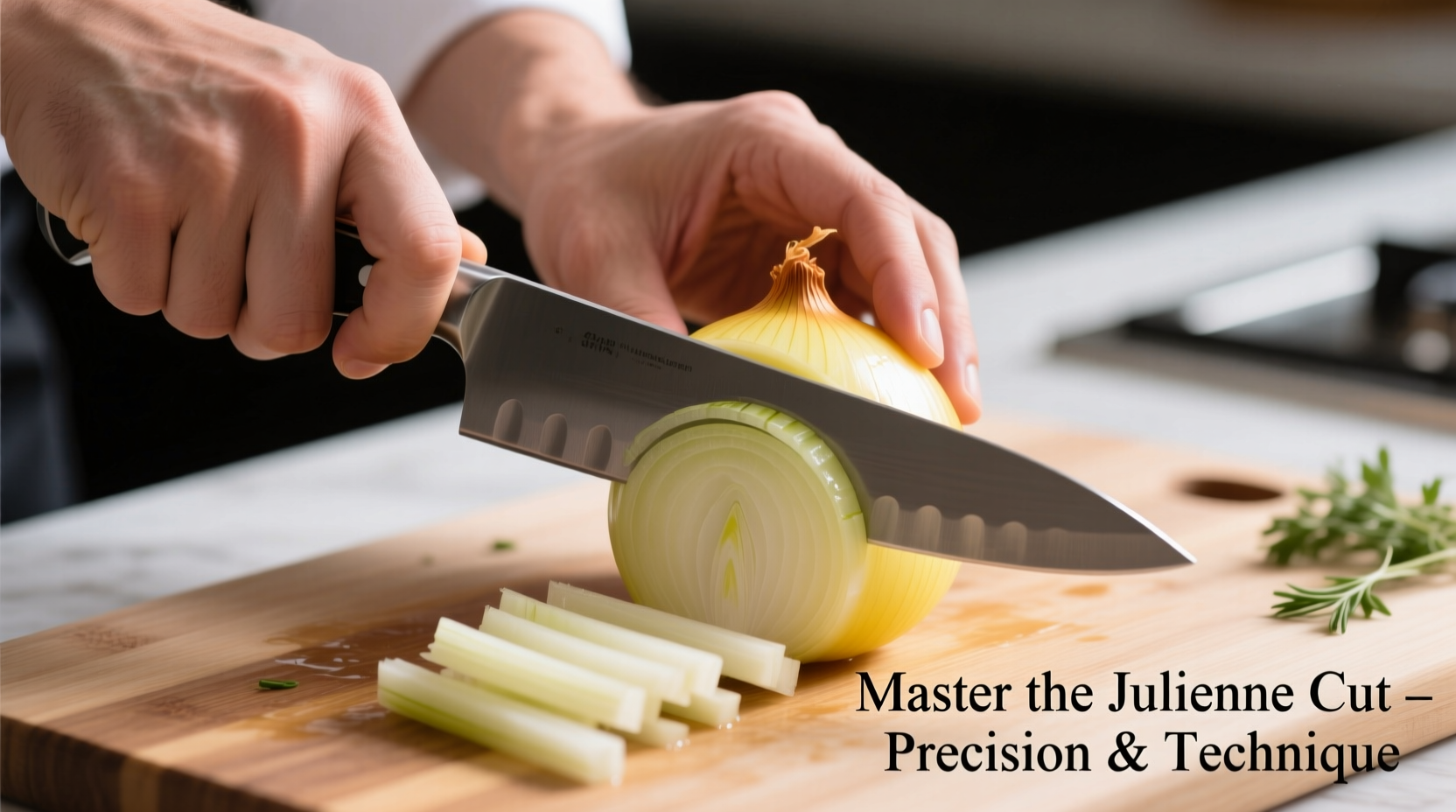 Chef's hand demonstrating proper julienne knife grip on onion