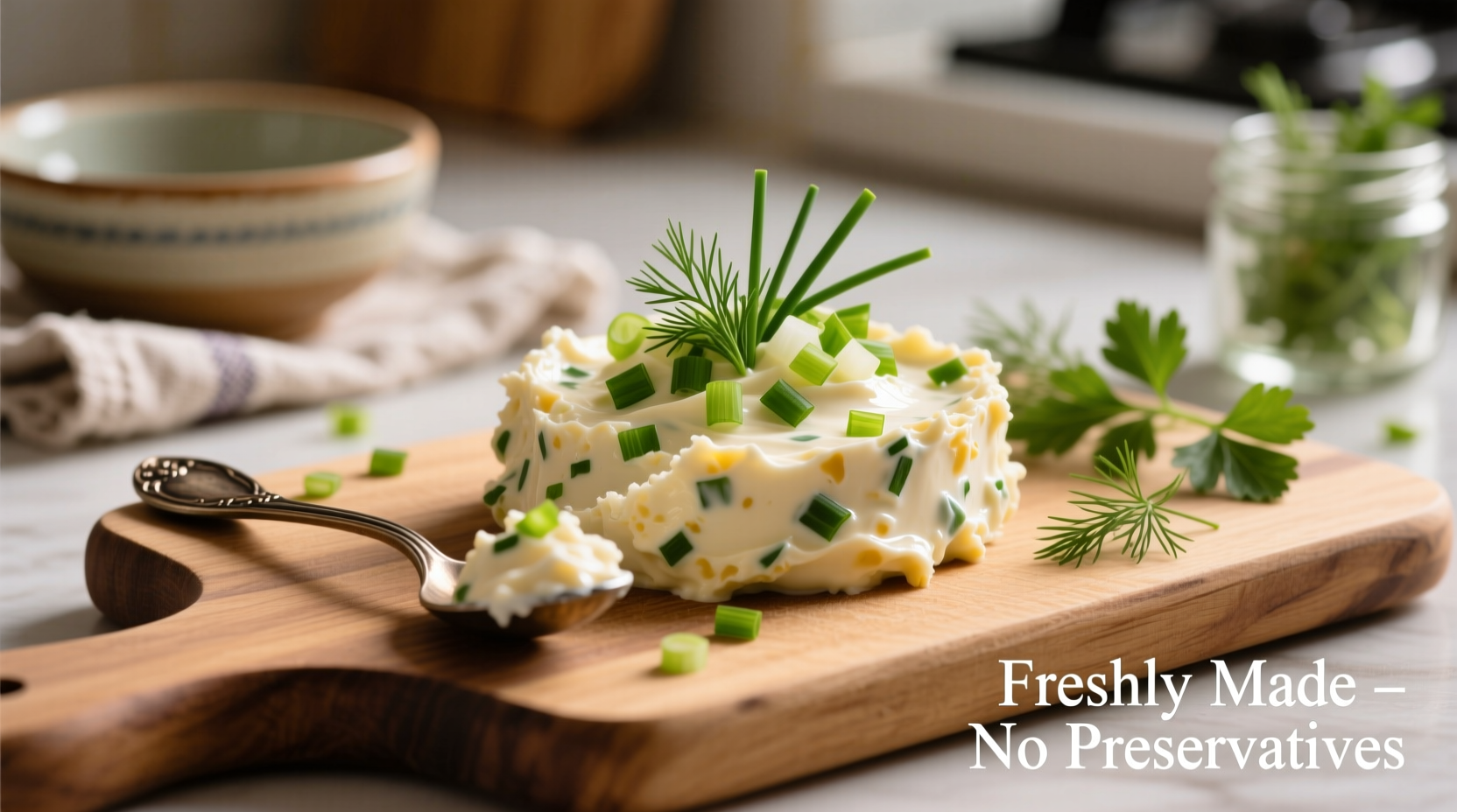 Homemade onion chive cream cheese with fresh herbs