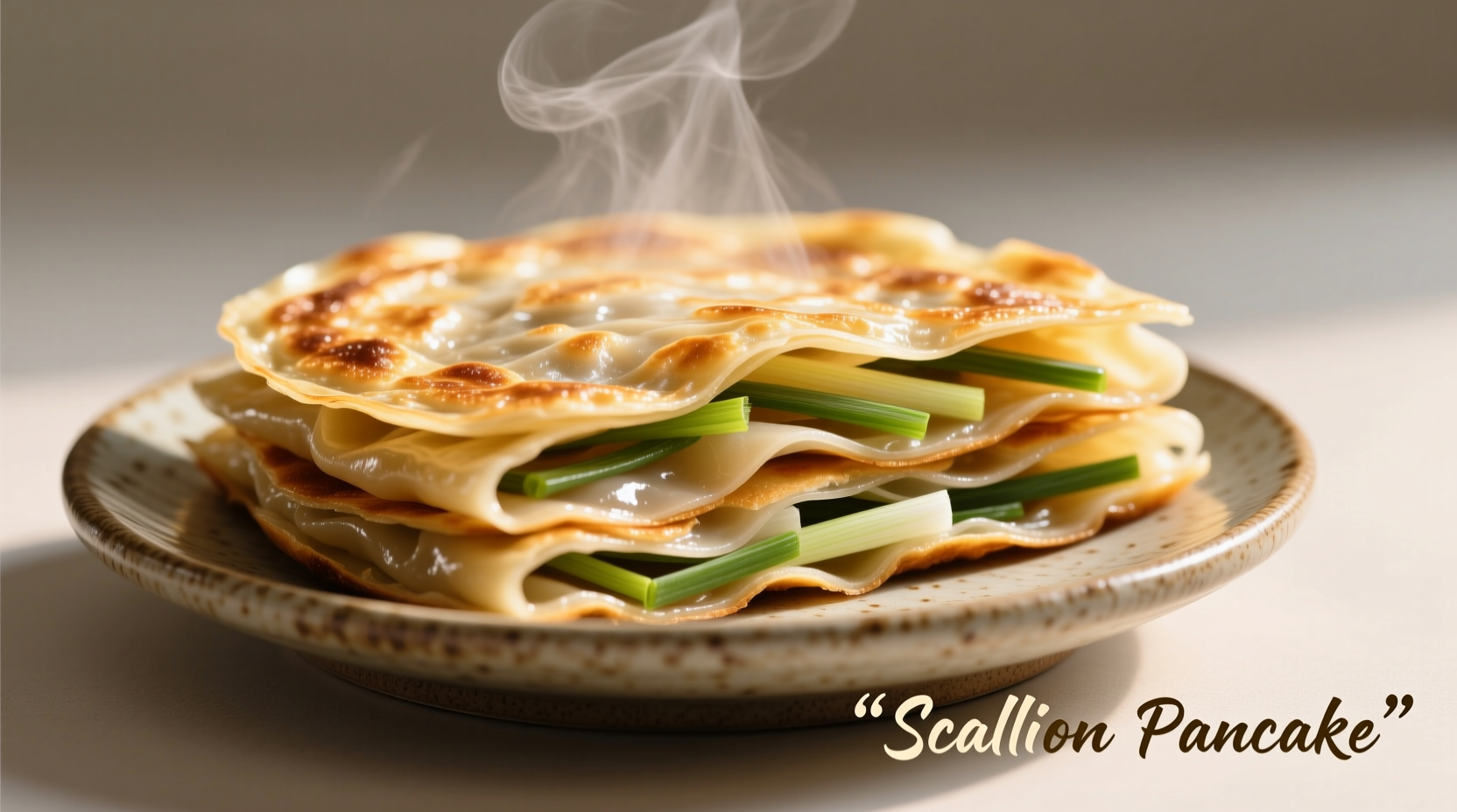Freshly made Chinese scallion pancake with golden layers