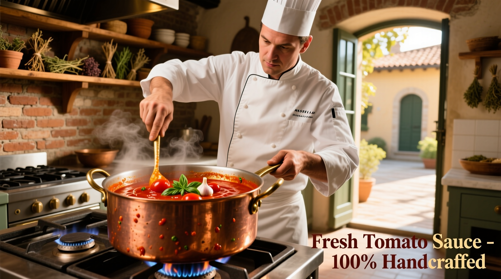 Chef stirring fresh tomato sauce in copper pot