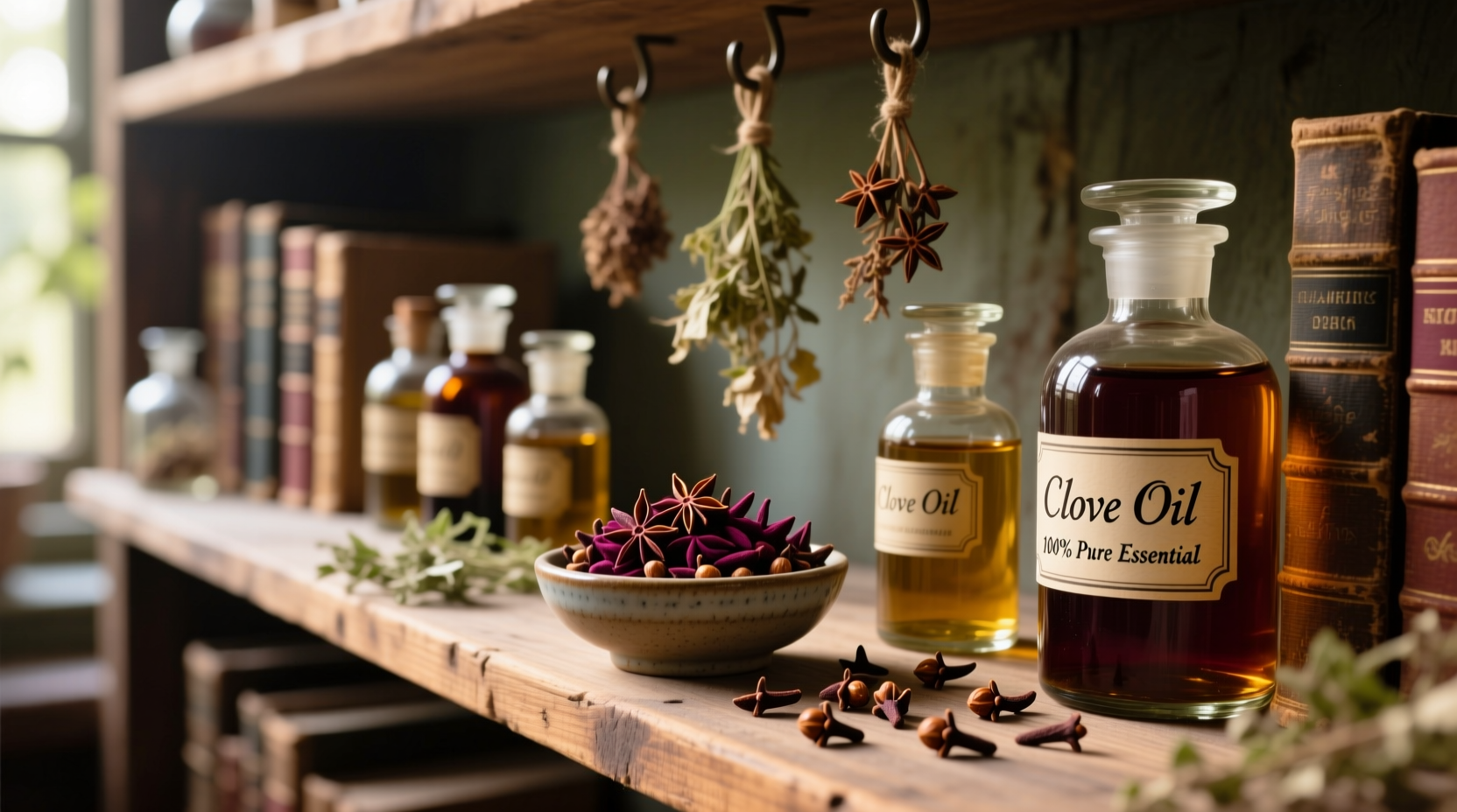 Clove oil bottles on wooden shelf with fresh cloves