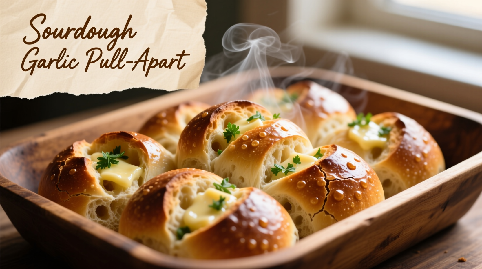 Sourdough garlic pull apart bread fresh from oven