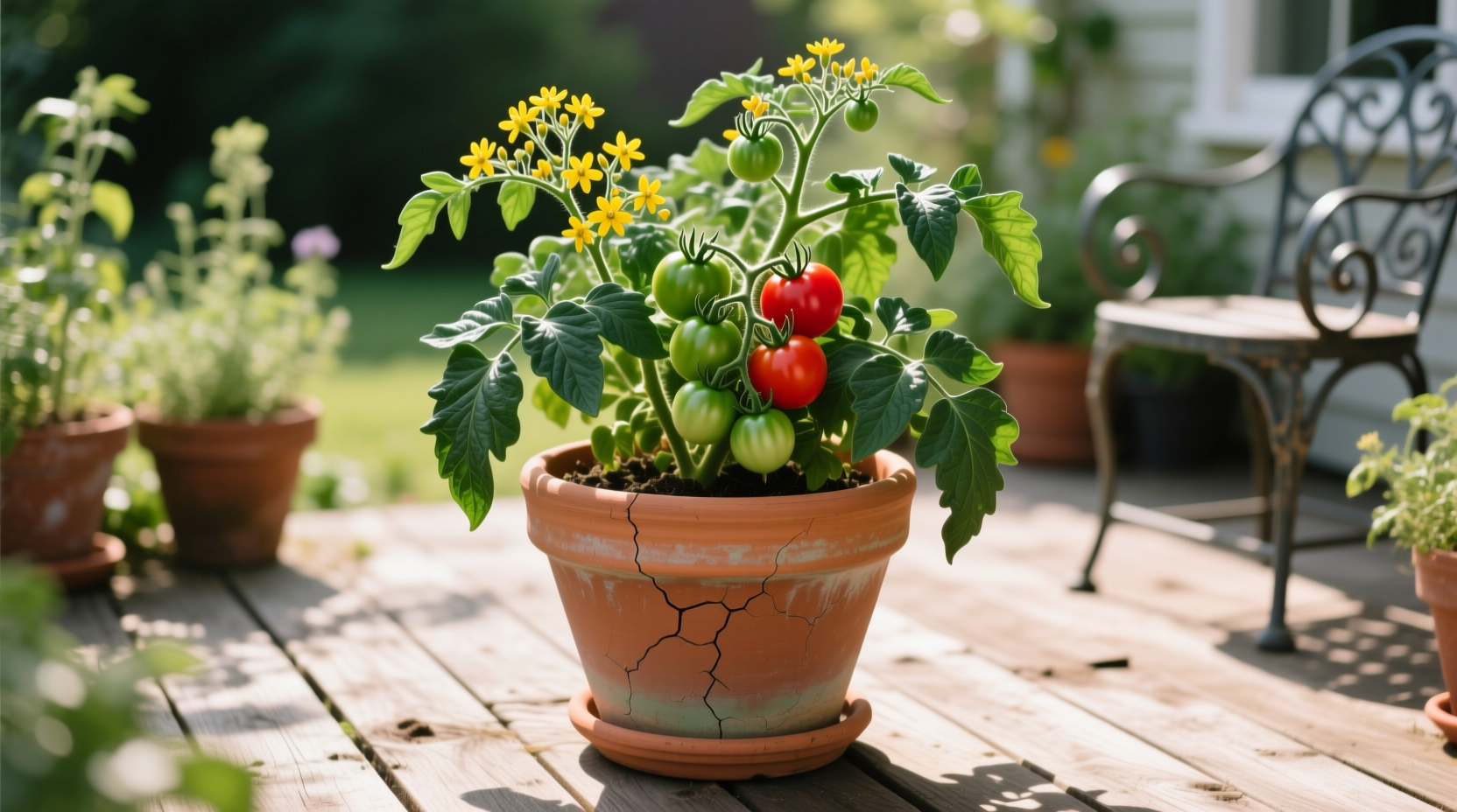 Healthy tomato plant growing in large ceramic pot on patio
