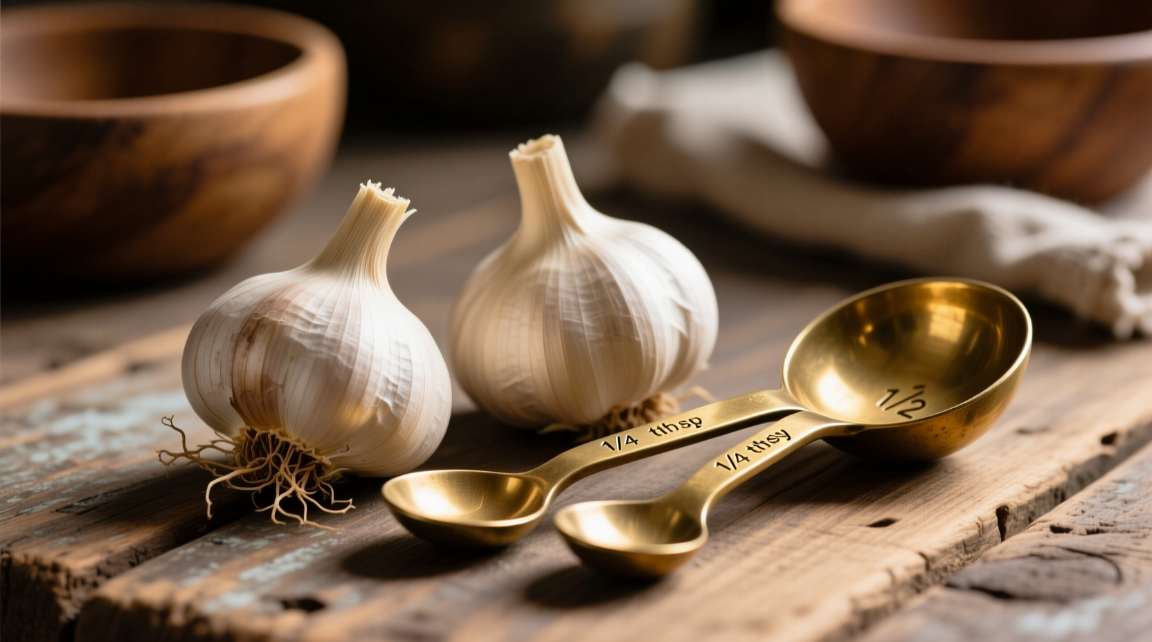 Three garlic cloves next to measuring spoons