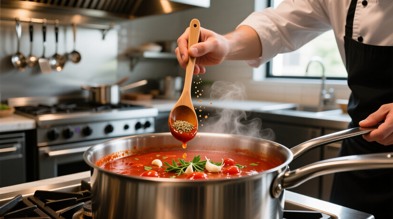 Professional chef seasoning tomato sauce in stainless steel pot