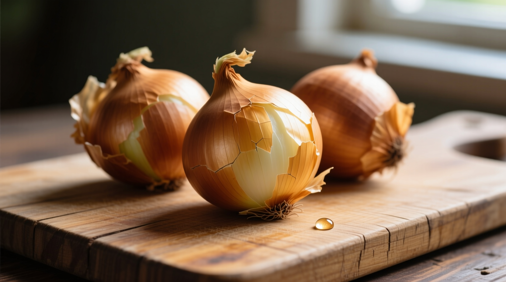 Golden brown onions with papery skin on wooden cutting board