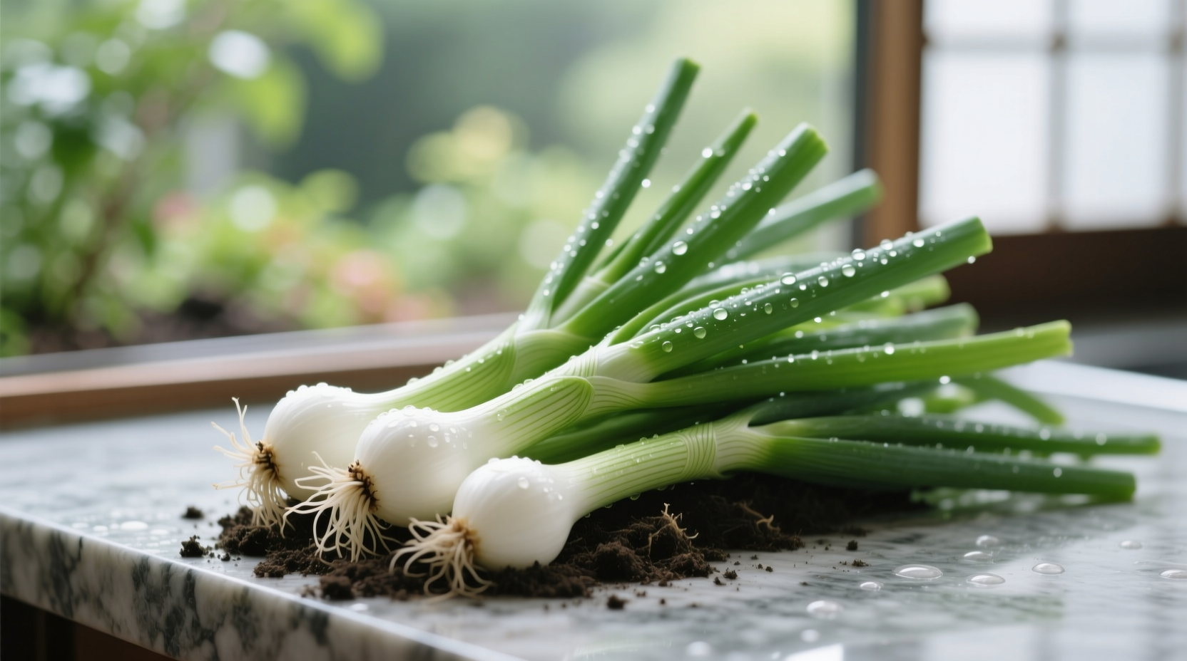 Fresh spring onions with white bulbs and green stalks