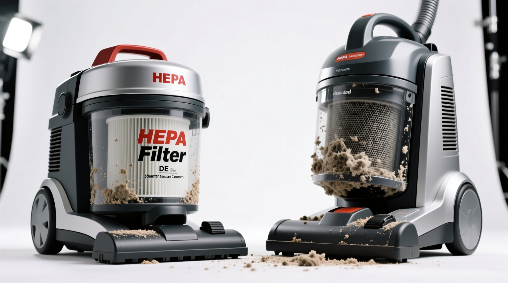 Side-by-side comparison: a HEPA-sealed canister vacuum with labeled filter housing versus a standard upright vacuum with exposed mesh filter, both with visible DE residue on intake grilles