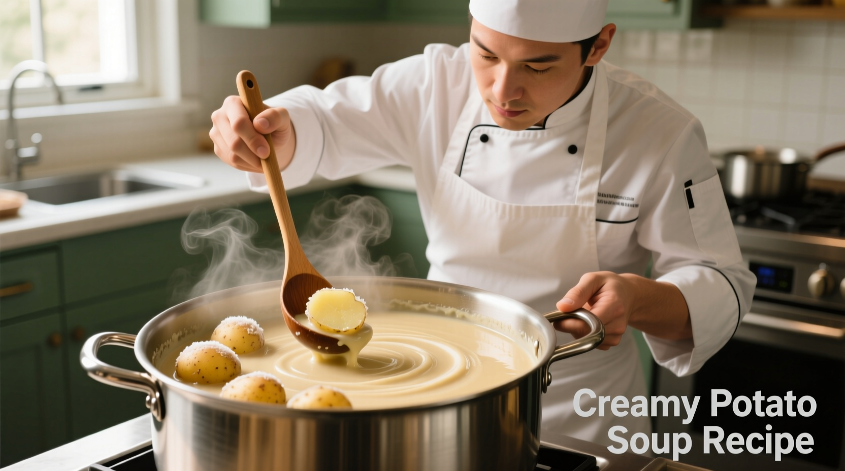 Chef stirring creamy potato soup with frozen potatoes