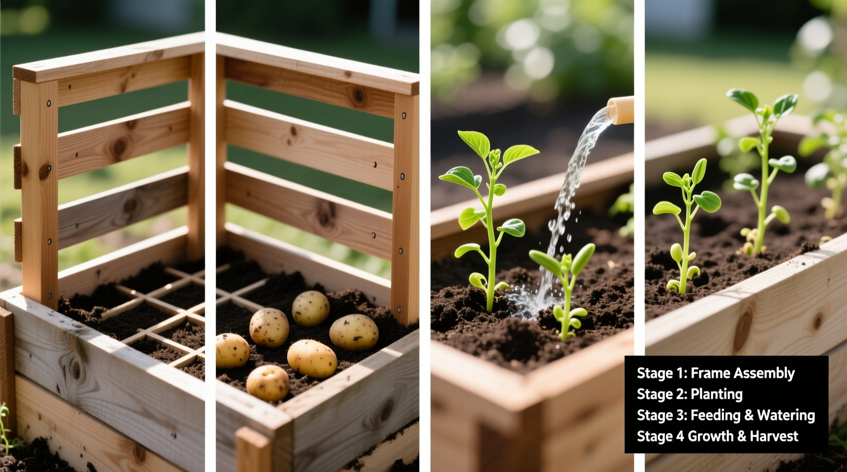 Step-by-step potato box construction with growing plants