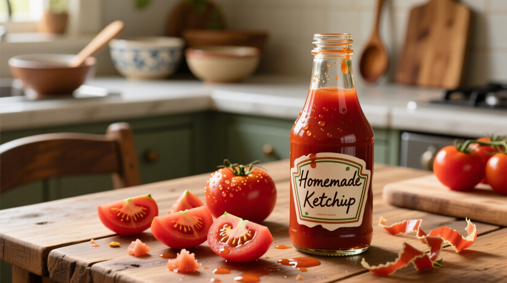 Homemade tomato ketchup in glass bottle with fresh tomatoes