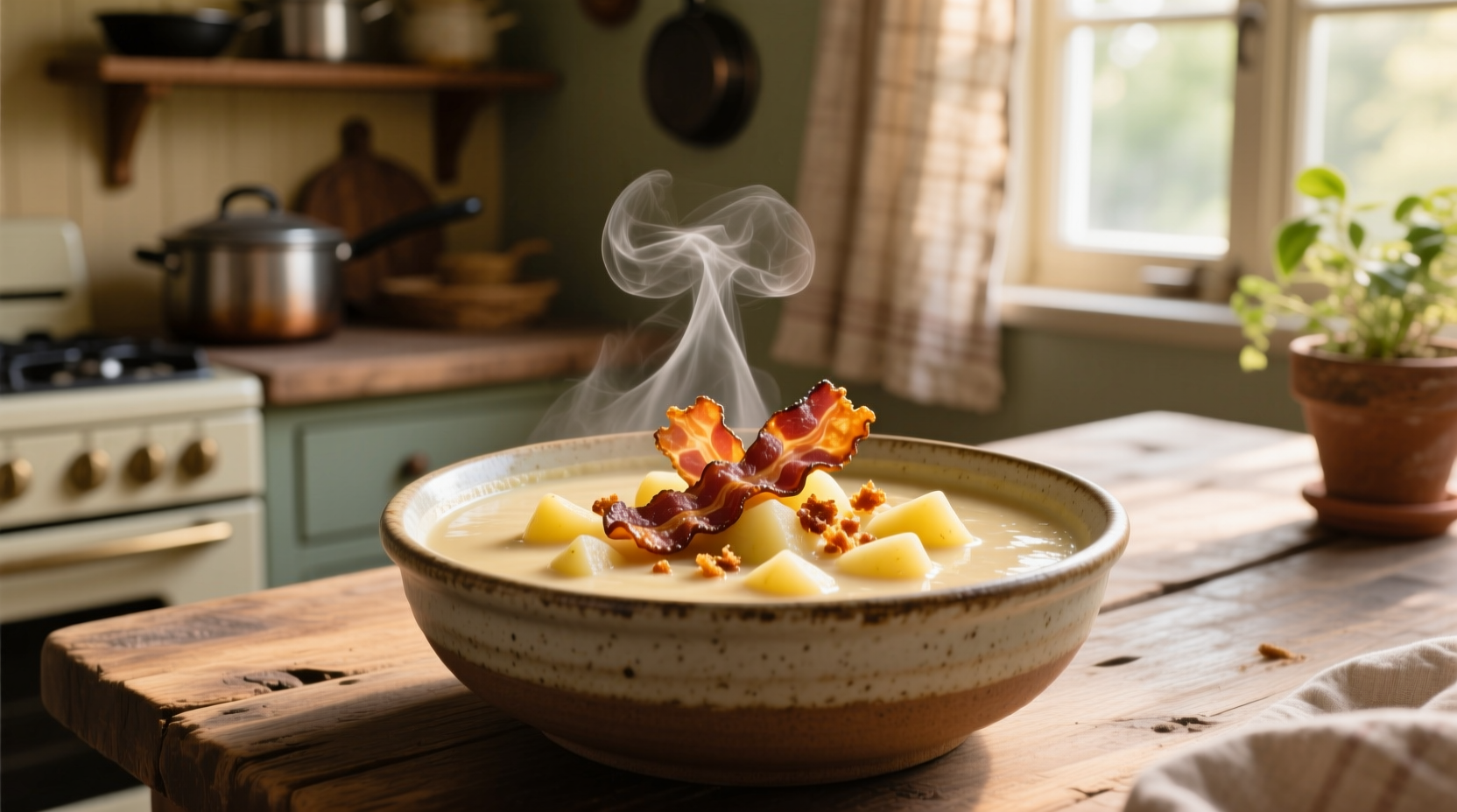 Creamy crockpot potato soup with bacon garnish