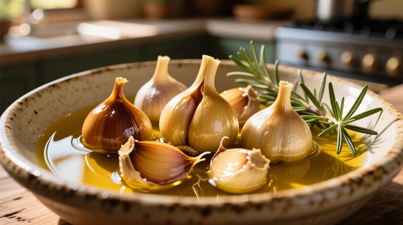 Golden confit garlic cloves submerged in olive oil