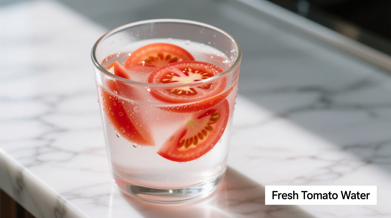 Fresh tomato water in glass with tomato slices