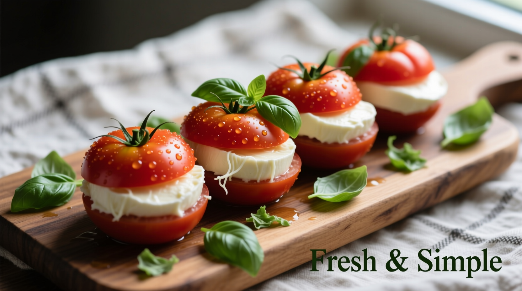 Perfectly arranged tomato mozzarella appetizer with fresh basil