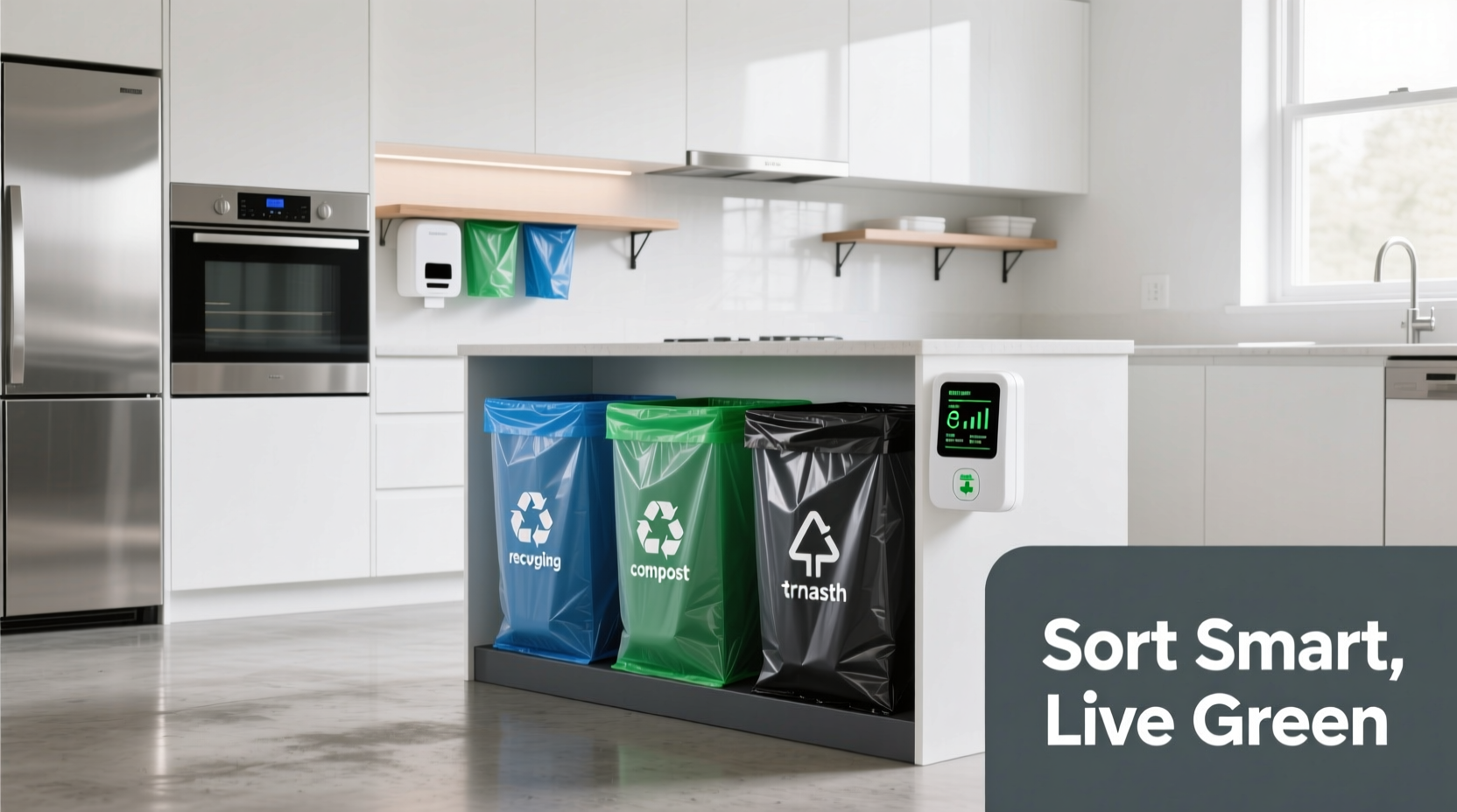 smart kitchen waste organization using different trash bags for efficient sorting and disposal