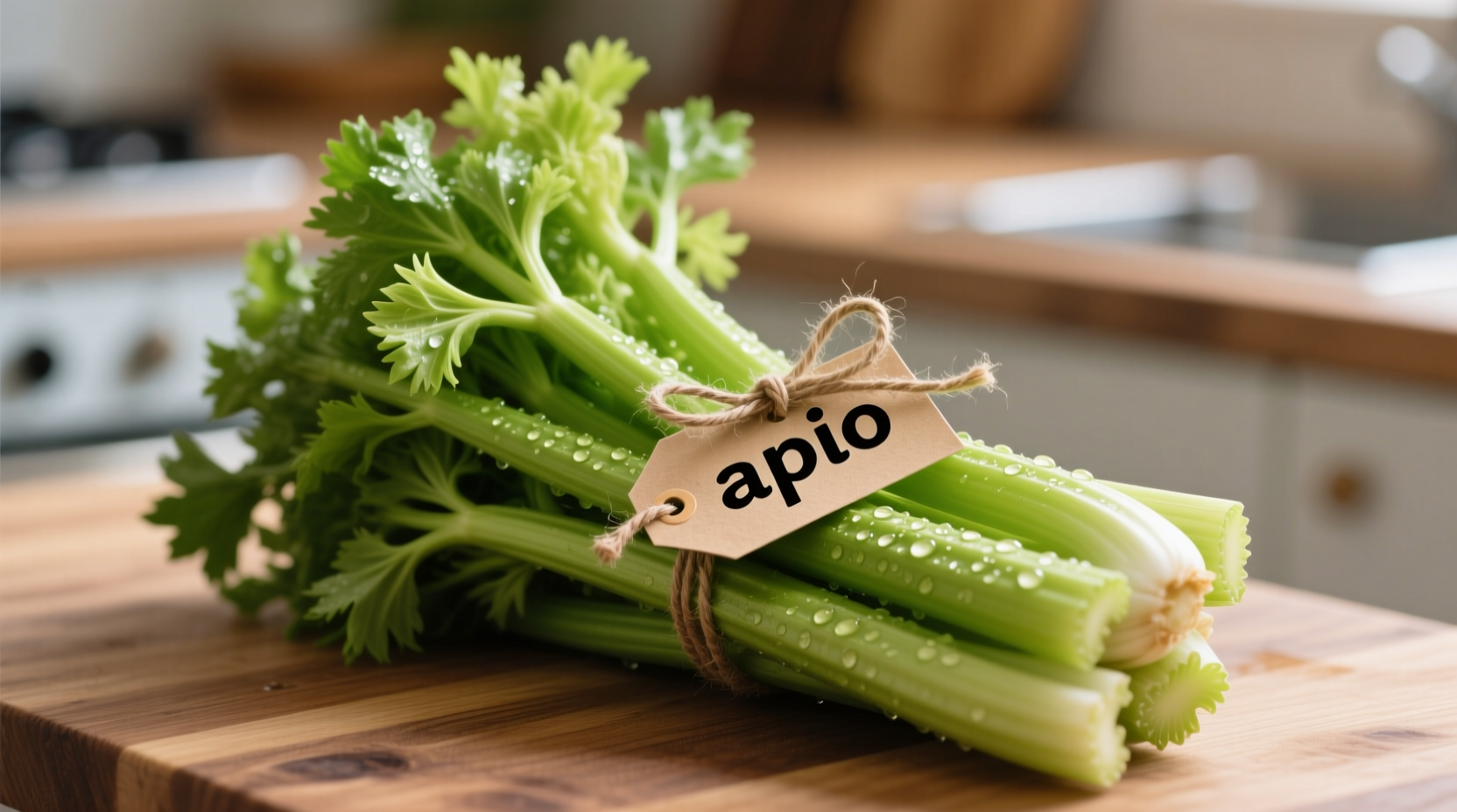 Fresh celery bunch labeled with Spanish term apio