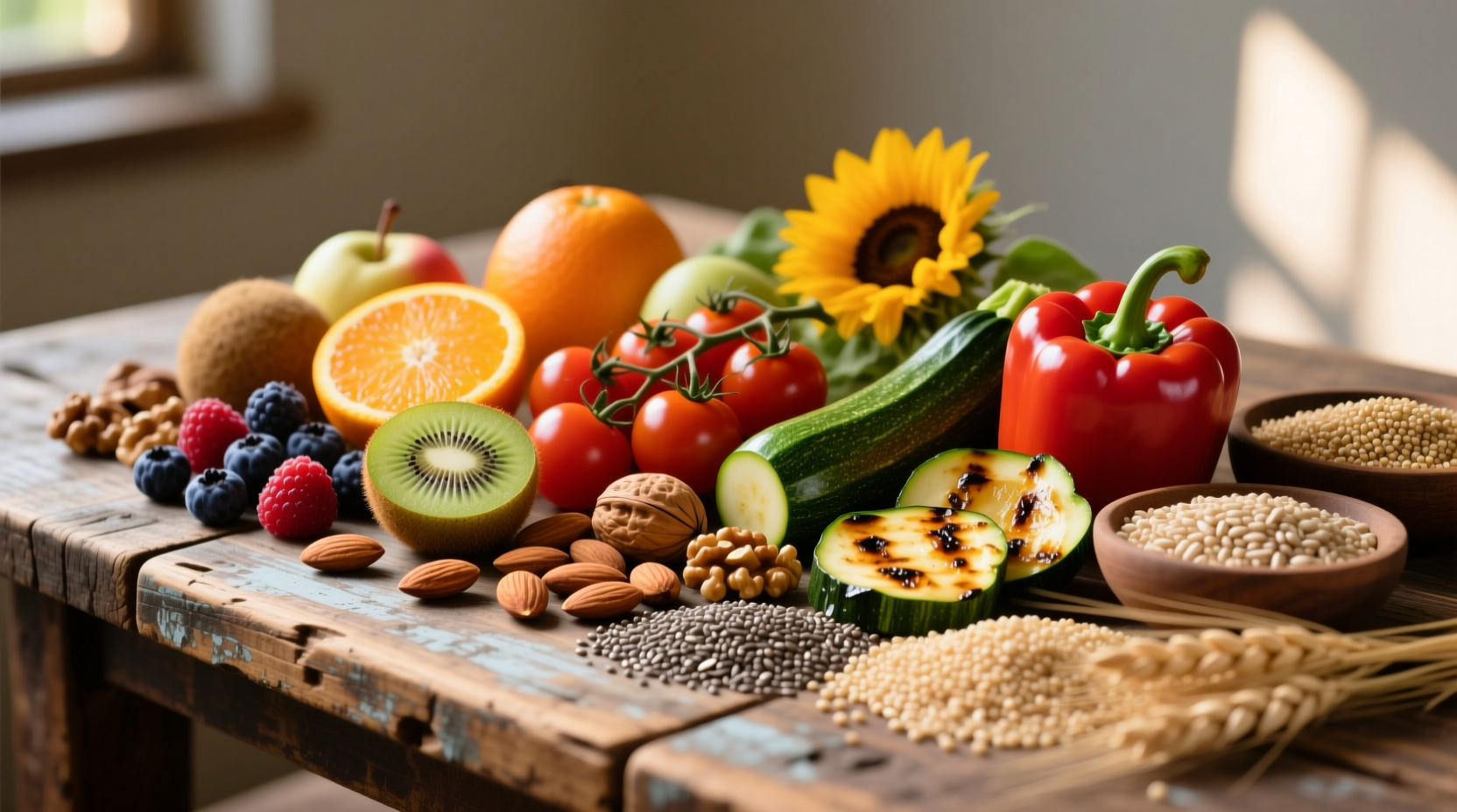 Colorful assortment of naturally gluten-free foods on wooden table