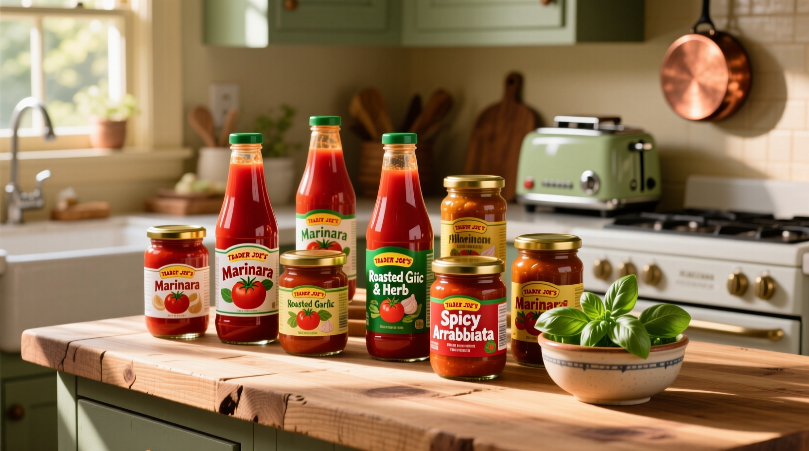 Trader Joe's tomato sauce varieties on kitchen counter