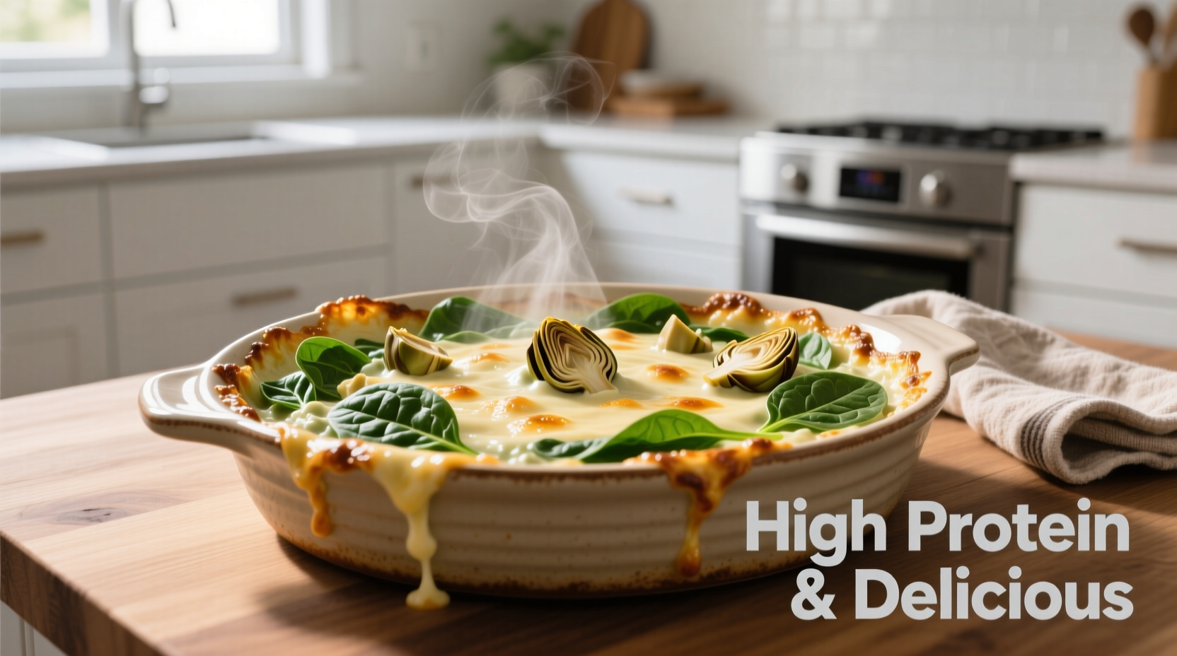 Creamy high protein spinach artichoke dip in baking dish