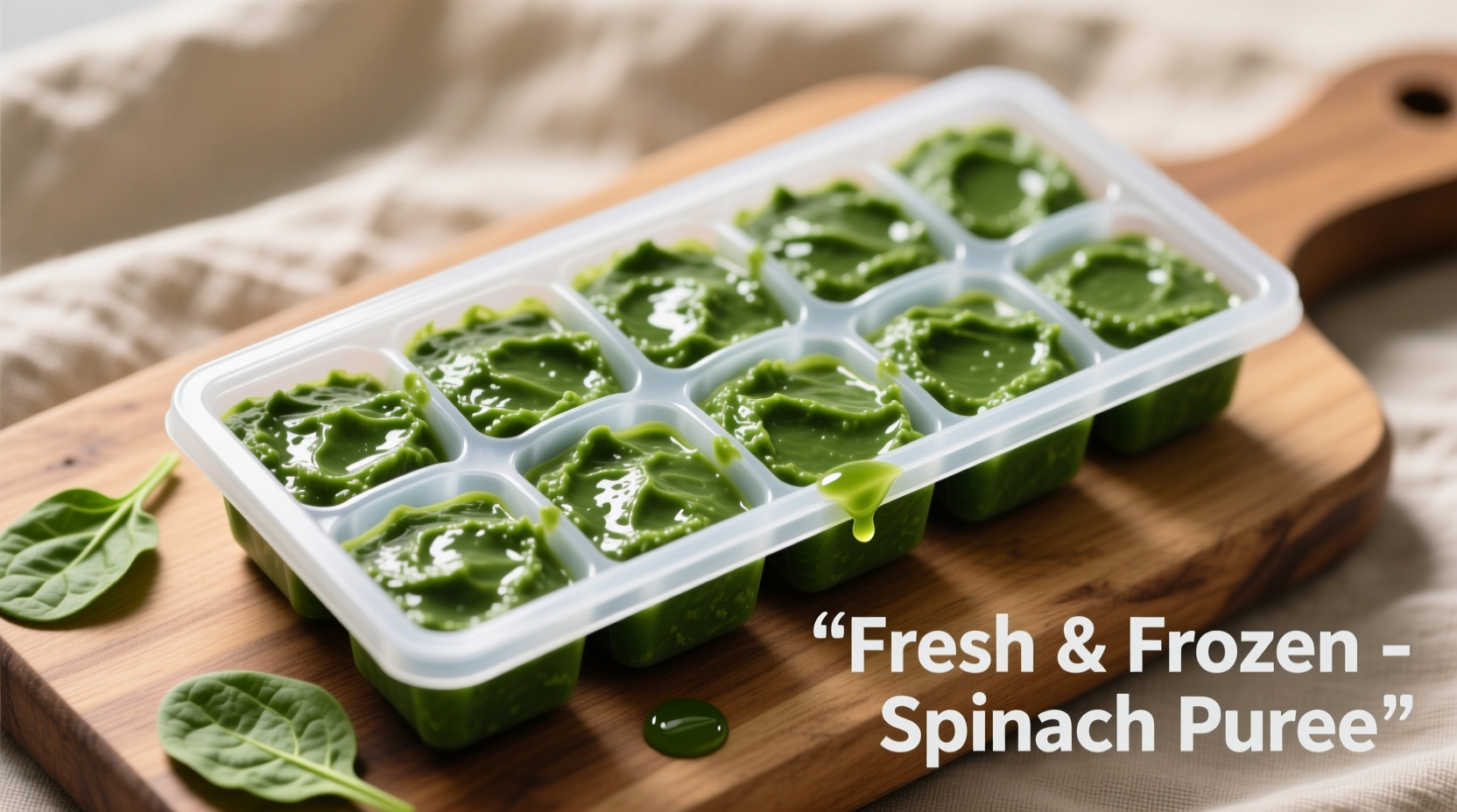 Homemade spinach puree in ice cube tray