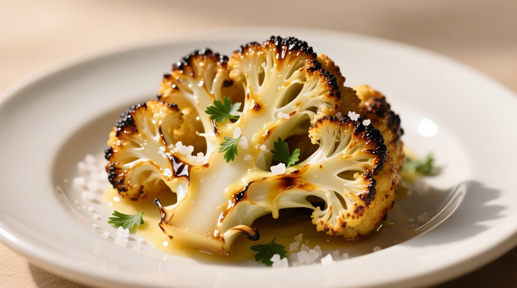 Golden roasted garlic parmesan cauliflower on white plate