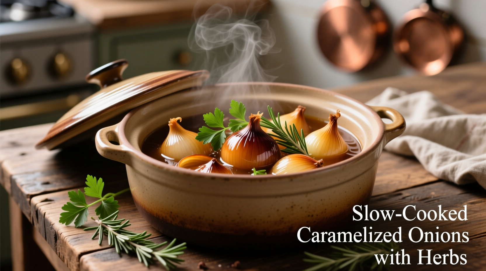 Caramelized onions in crock pot with herbs