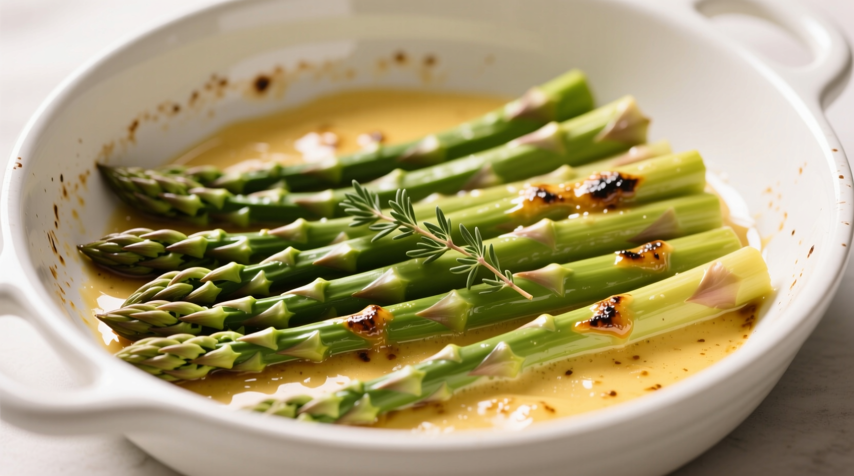Golden garlic butter asparagus in white ceramic pan