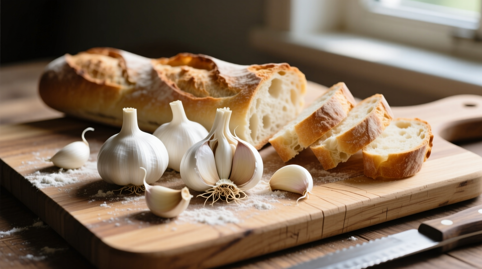 Fresh garlic cloves and baguette on wooden cutting board
