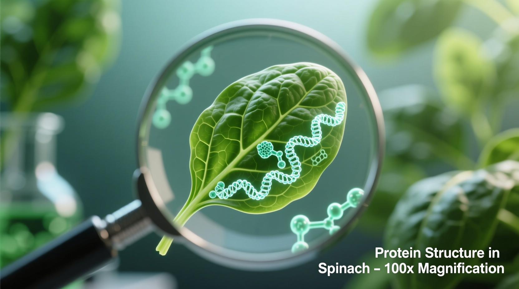 Spinach leaf with magnifying glass showing protein structure