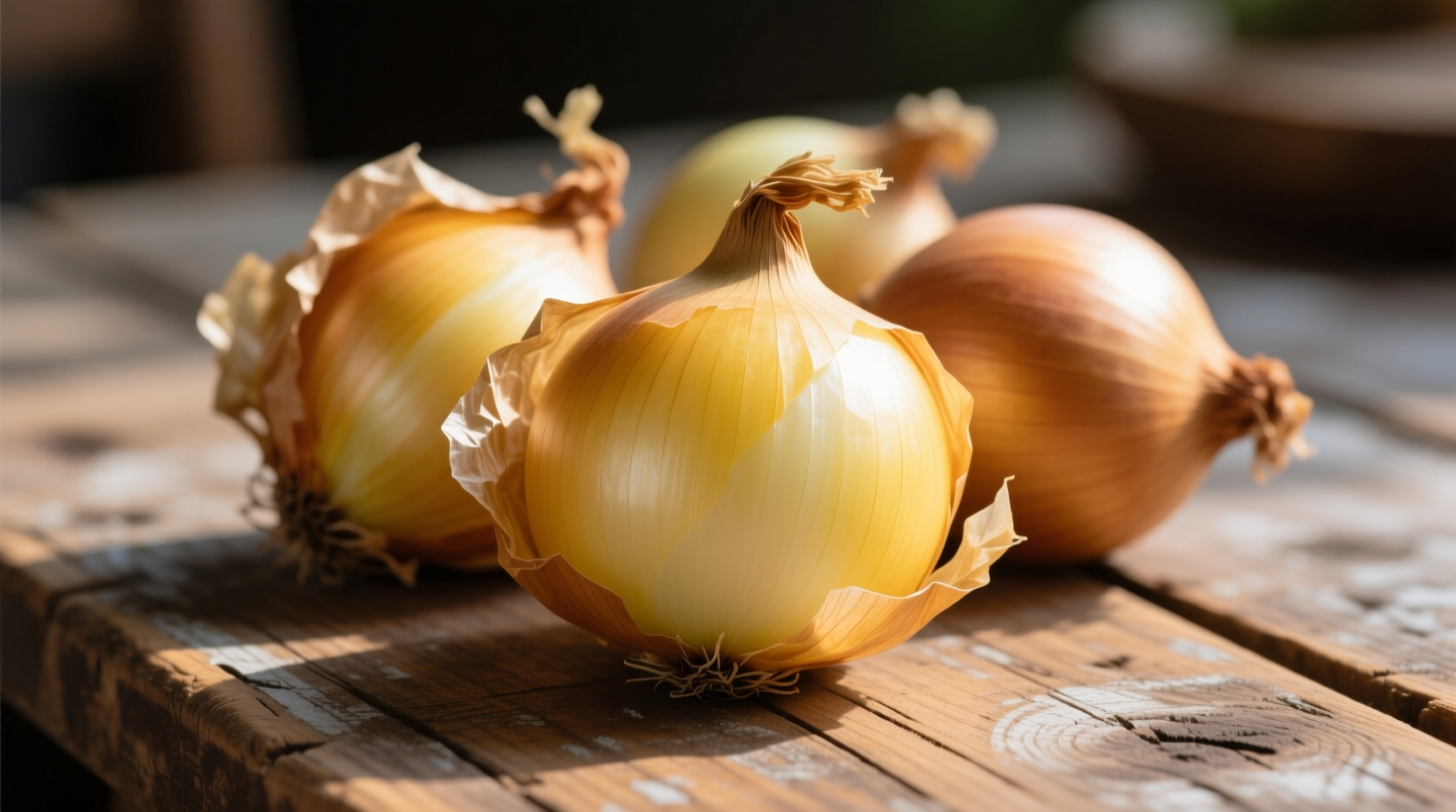 Fresh yellow onions with dry papery skins on wooden table
