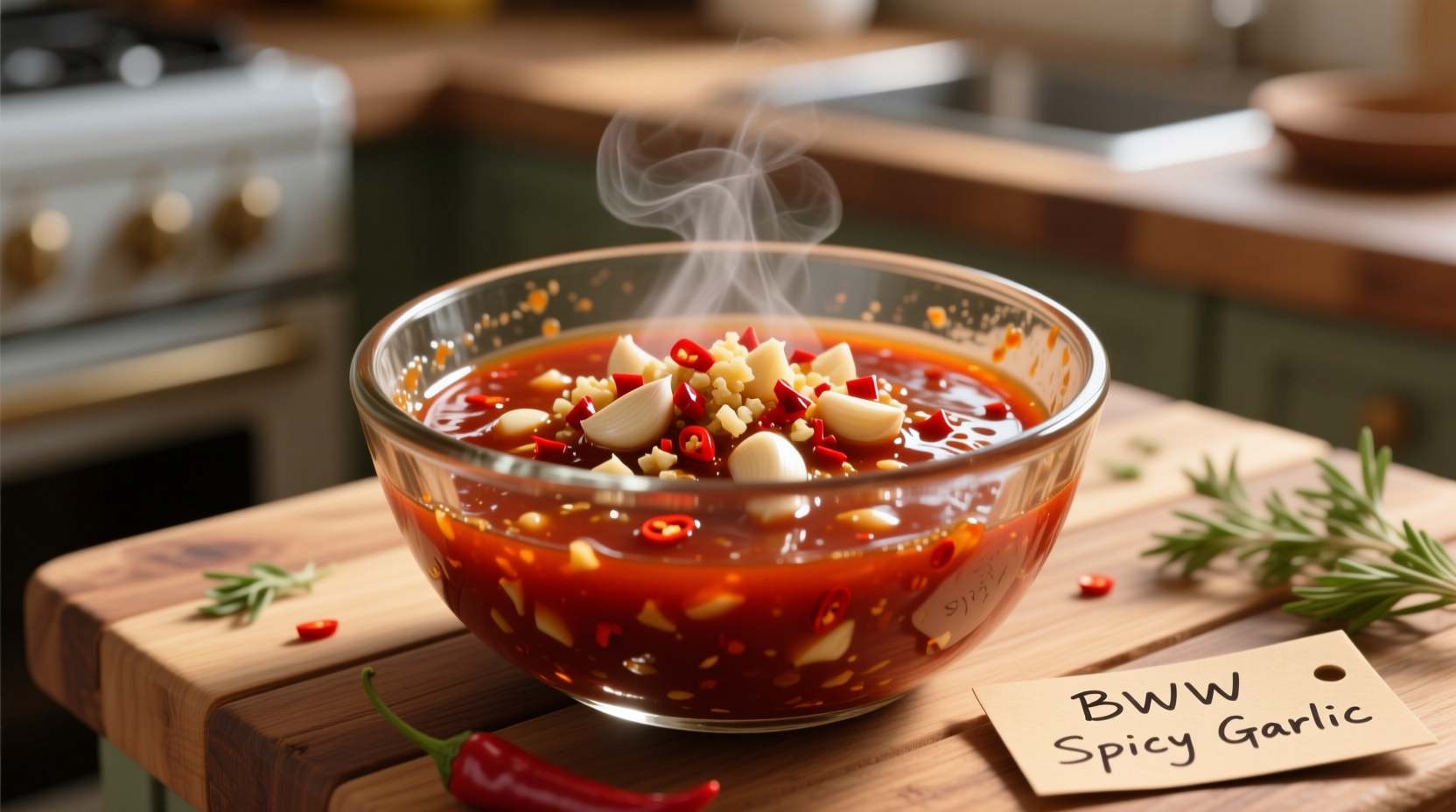 Homemade BWW Spicy Garlic sauce in glass bowl