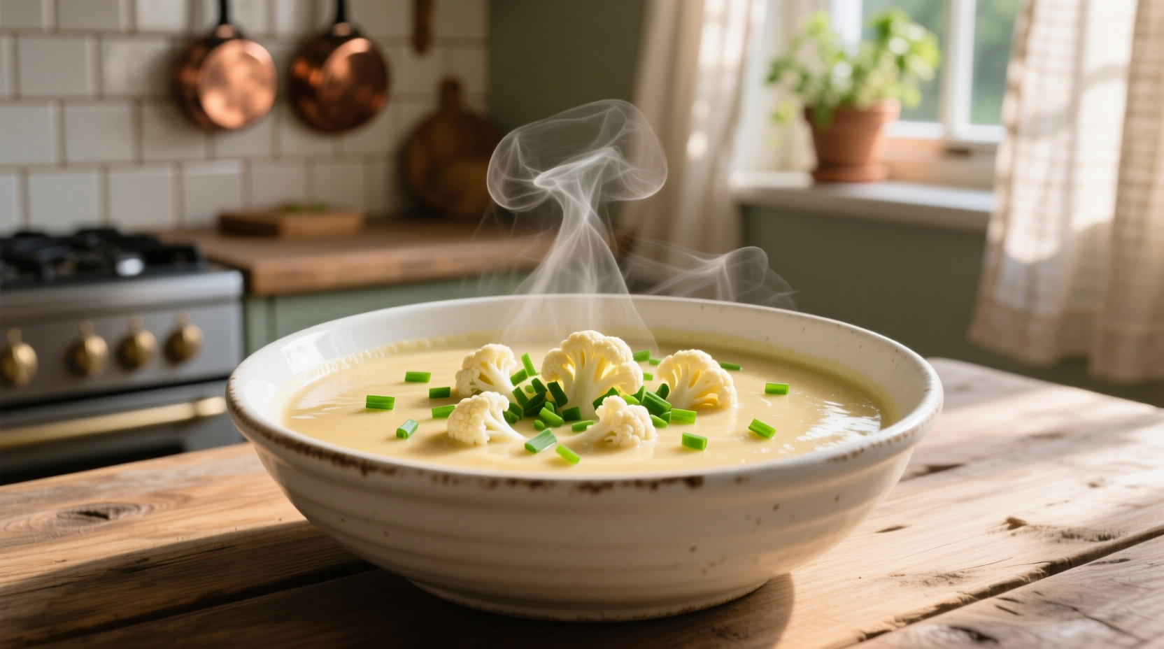 Creamy cauliflower chowder in white bowl with fresh chives