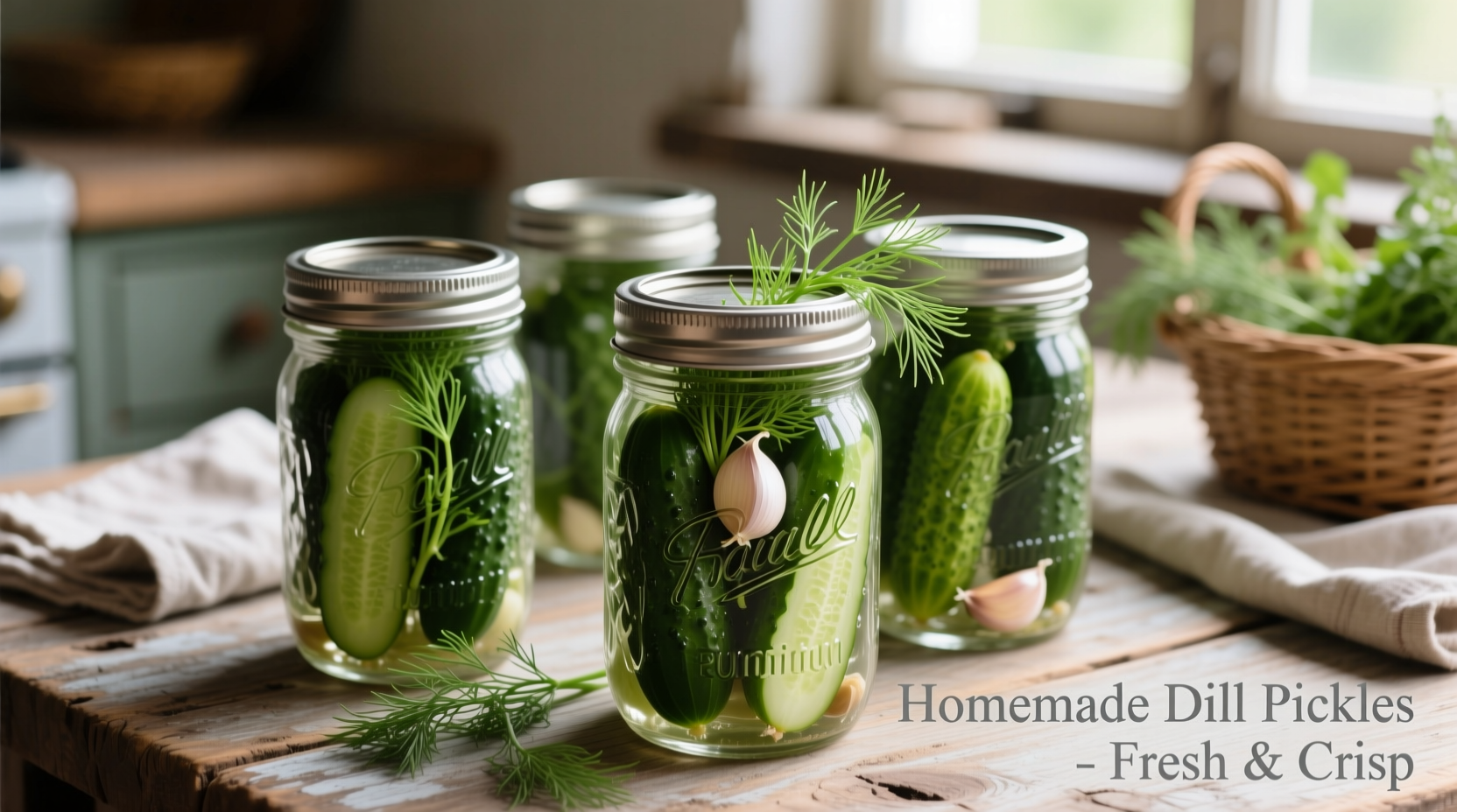 Fresh garlic dill pickles in mason jars with dill sprigs