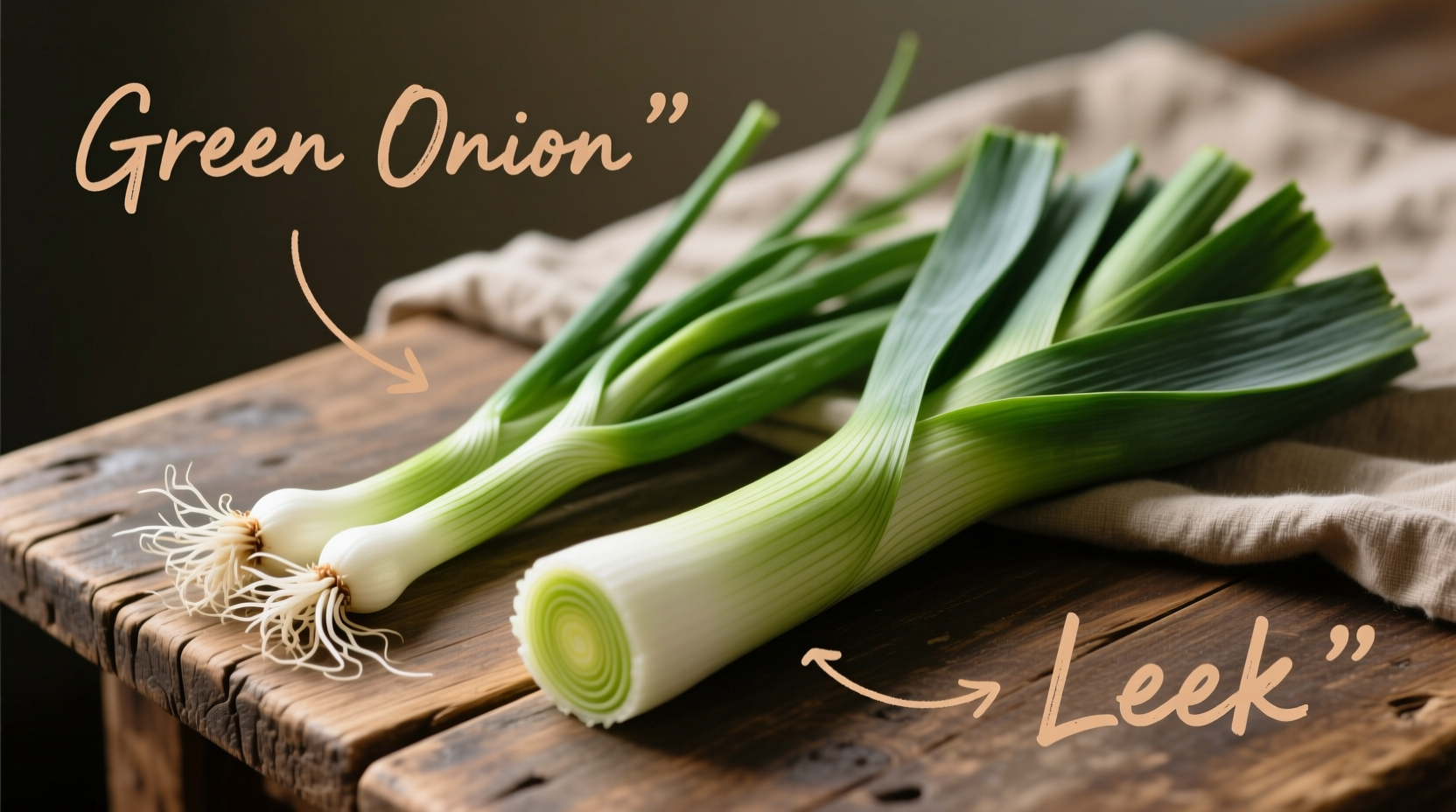 Side-by-side comparison of green onion and leek