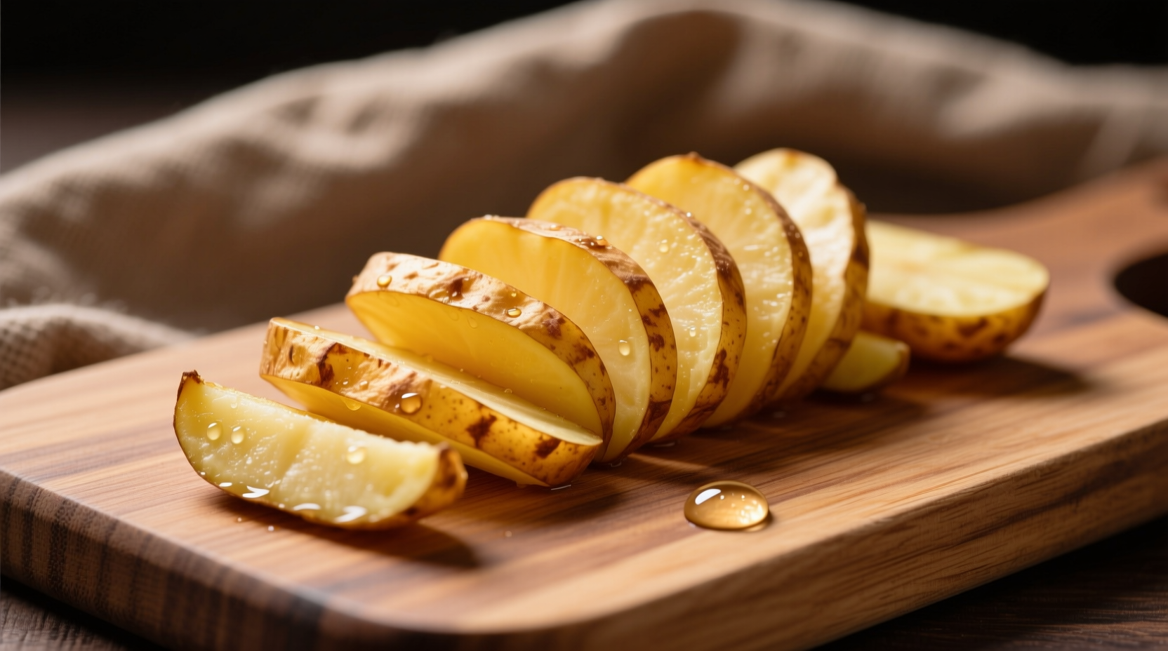 Freshly cut shoestring potatoes on cutting board