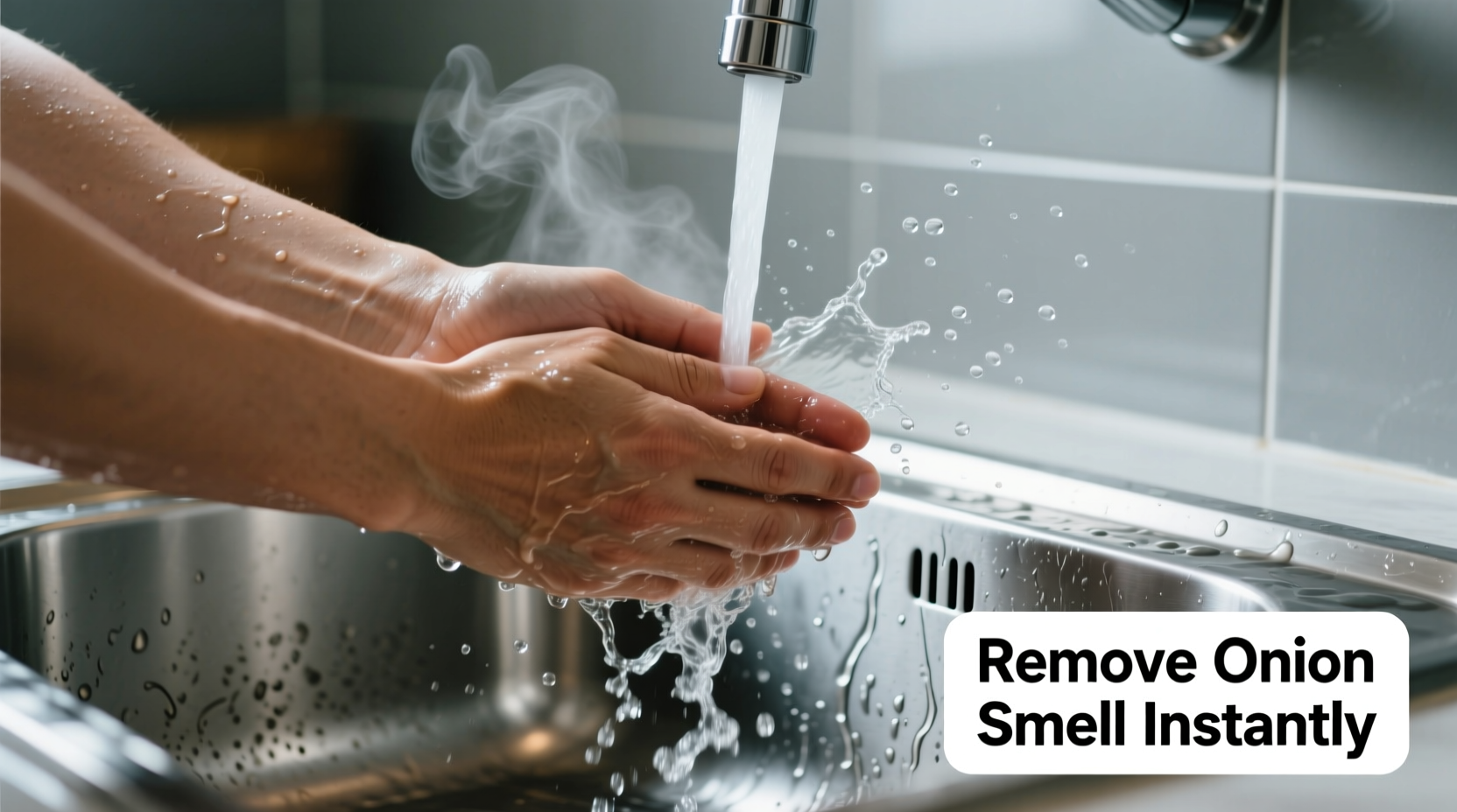Hands rubbing stainless steel under running water to remove onion smell