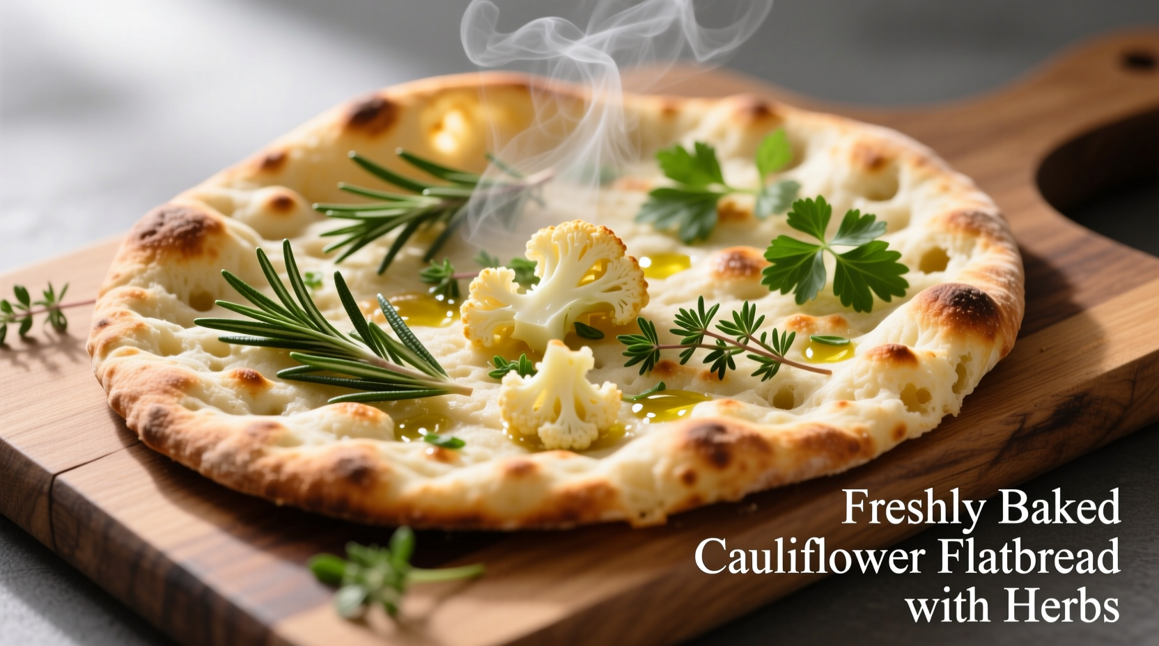 Freshly baked cauliflower flatbread with herbs