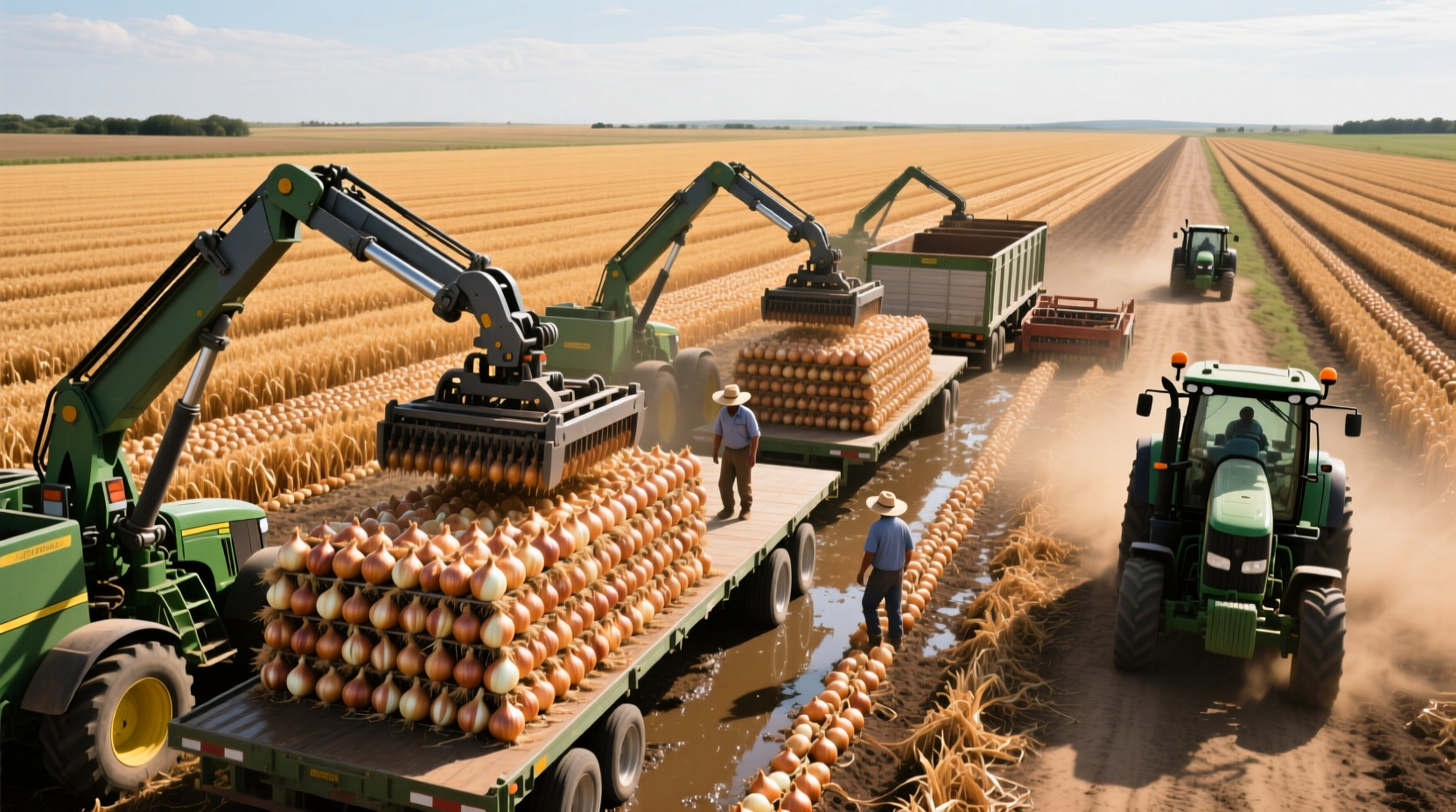 Onion field during harvest season with mechanical lifters