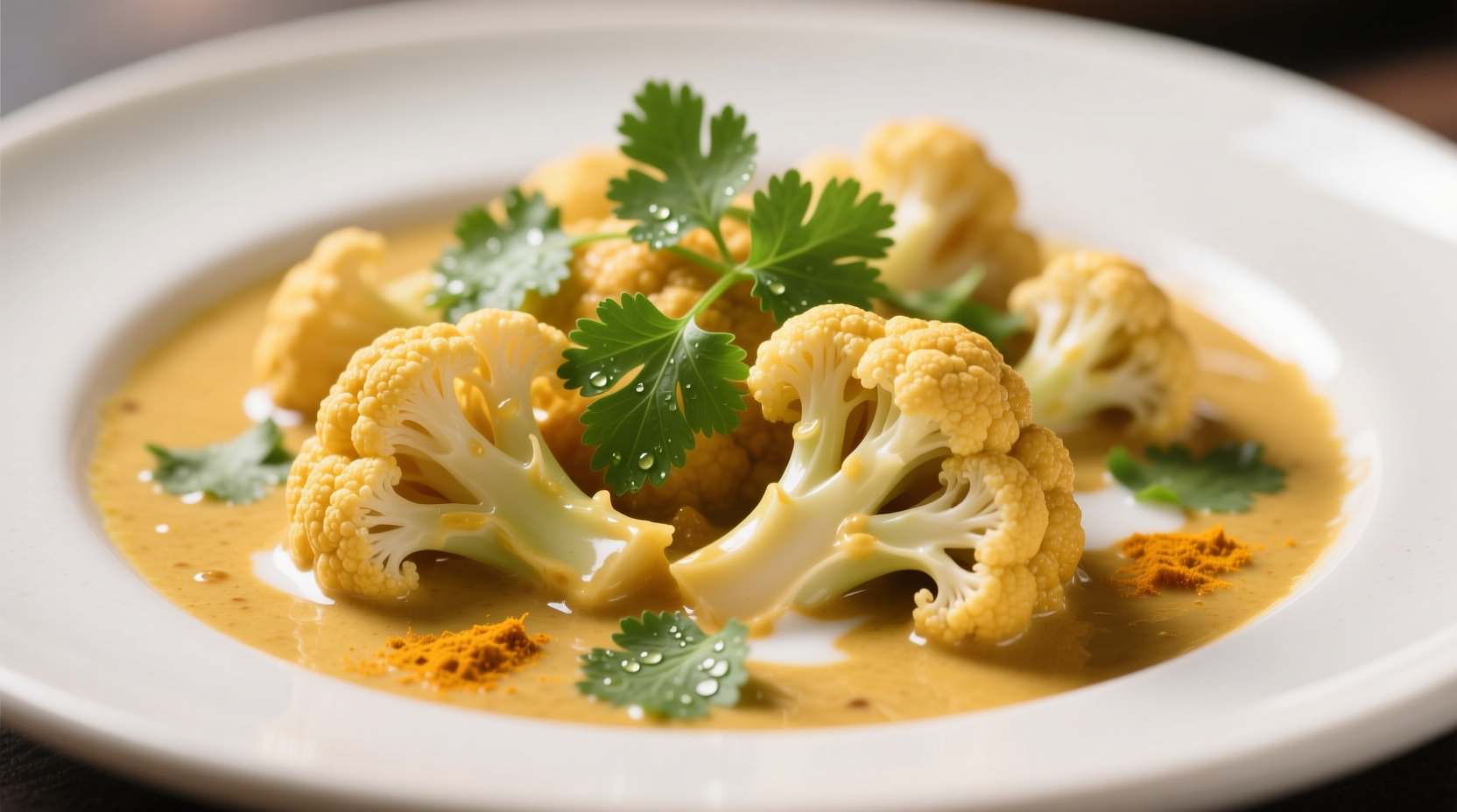 Golden cauliflower florets in creamy curry sauce with fresh cilantro
