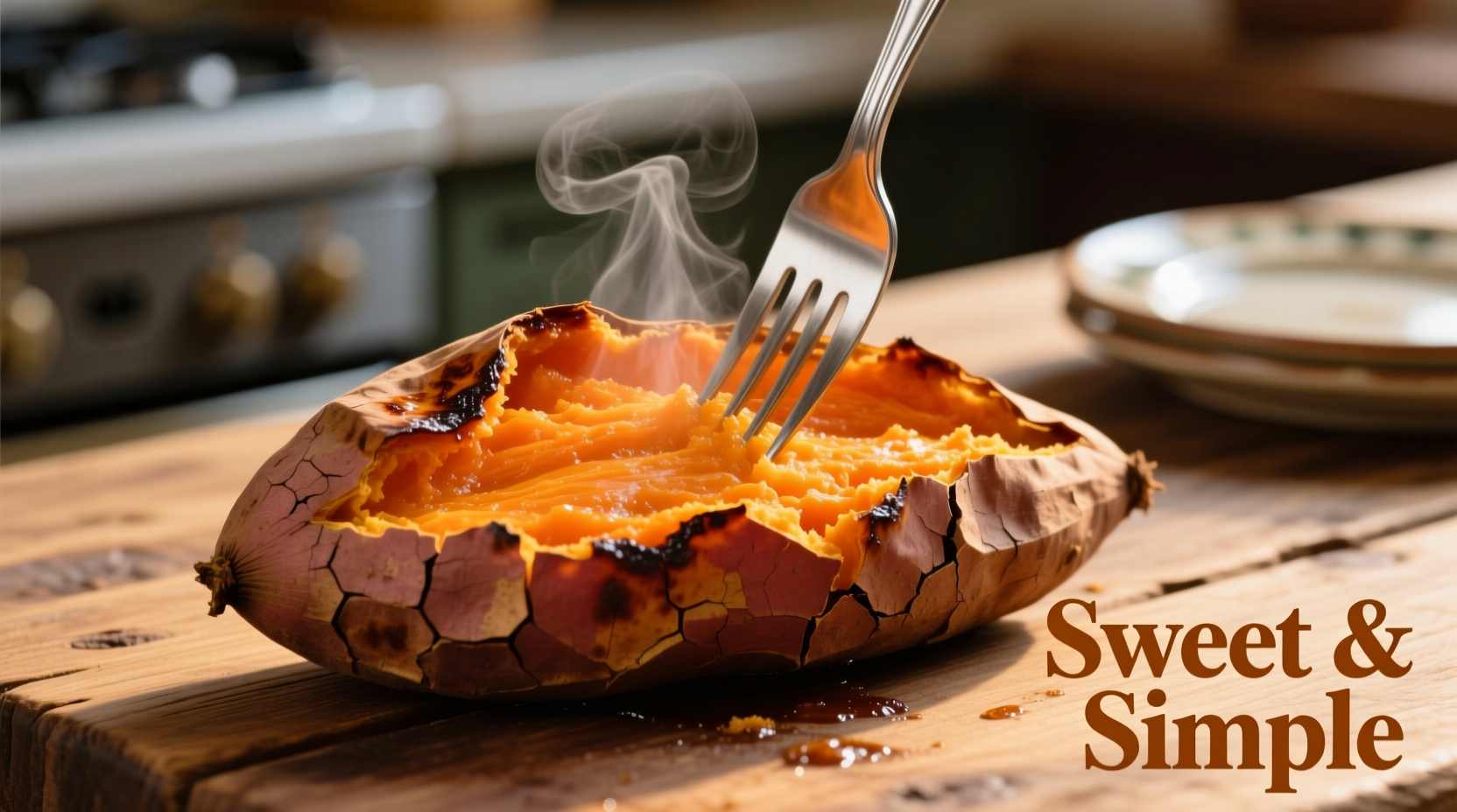 Baked sweet potato with fork showing orange flesh