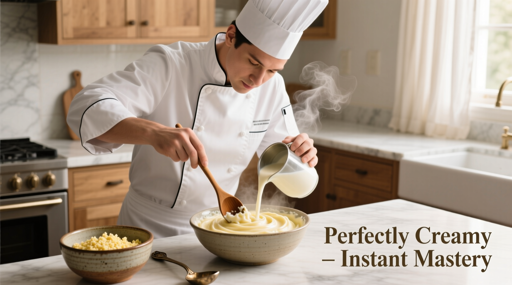 Professional chef preparing creamy instant mashed potatoes