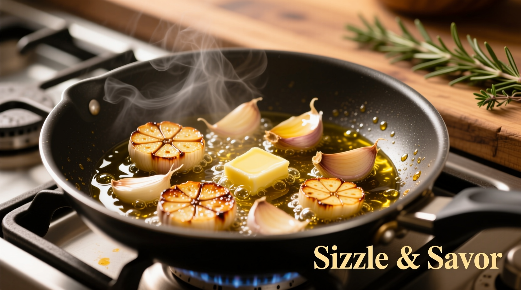 Golden garlic sizzling in butter and olive oil