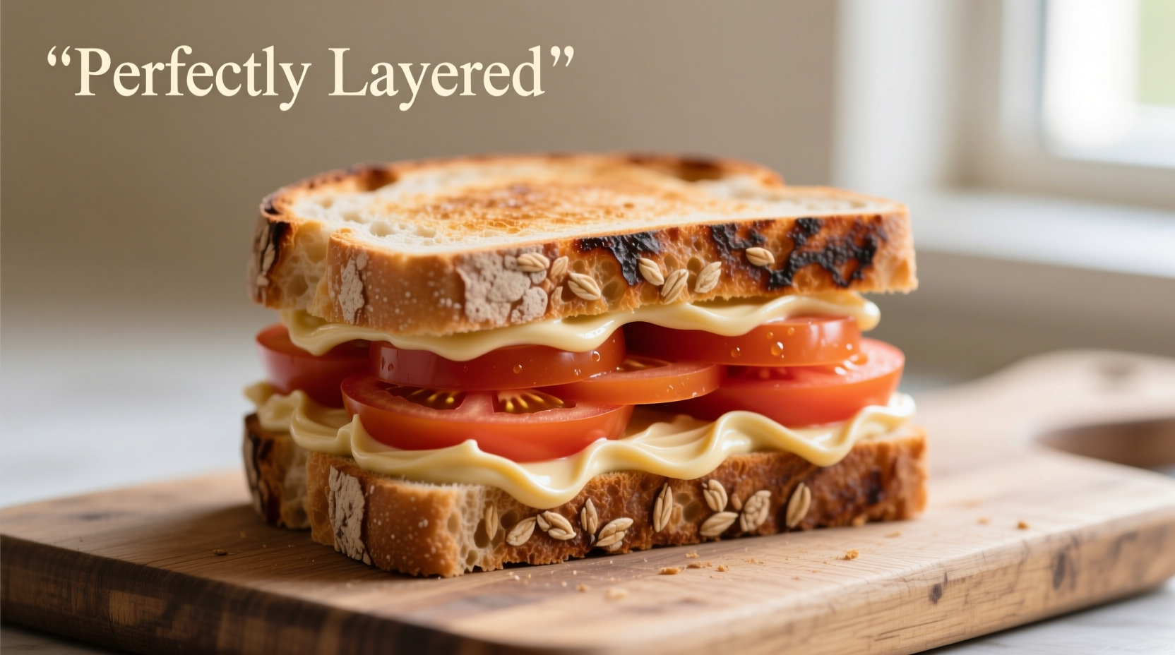 Perfectly layered tomato mayonnaise sandwich on sourdough bread