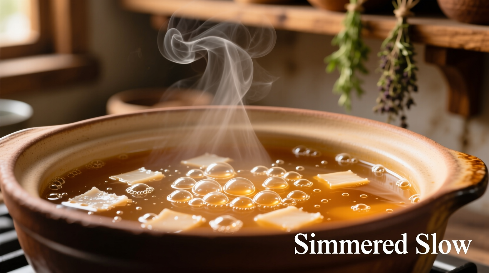 Close-up of simmering broth with small bubbles