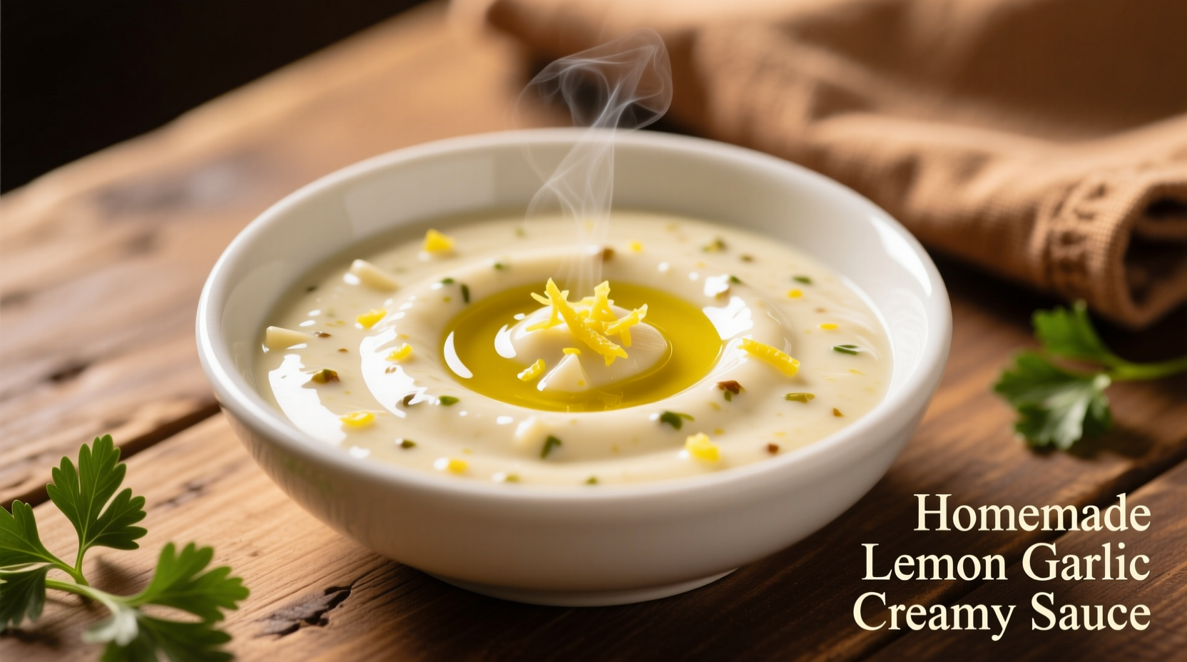 Homemade lemon garlic creamy sauce in white bowl